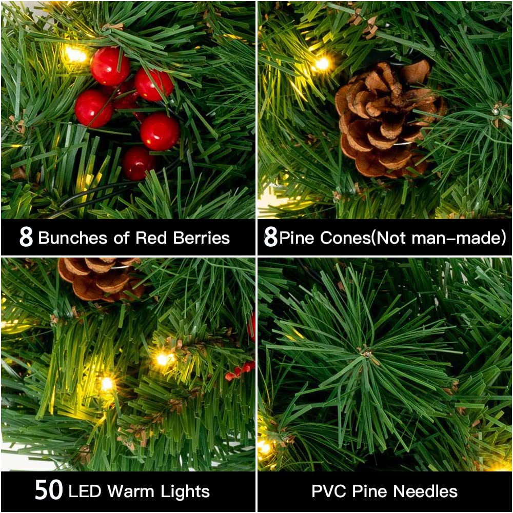 Melliful 24" Pre-Lit Christmas Wreaths ,Outdoor Lighted Christmas Wreath for Front Door ,Christmas Red Berries, Pine Cones Wreath, Xmas Wreath Decor for Window Fireplace Indoor ,Green