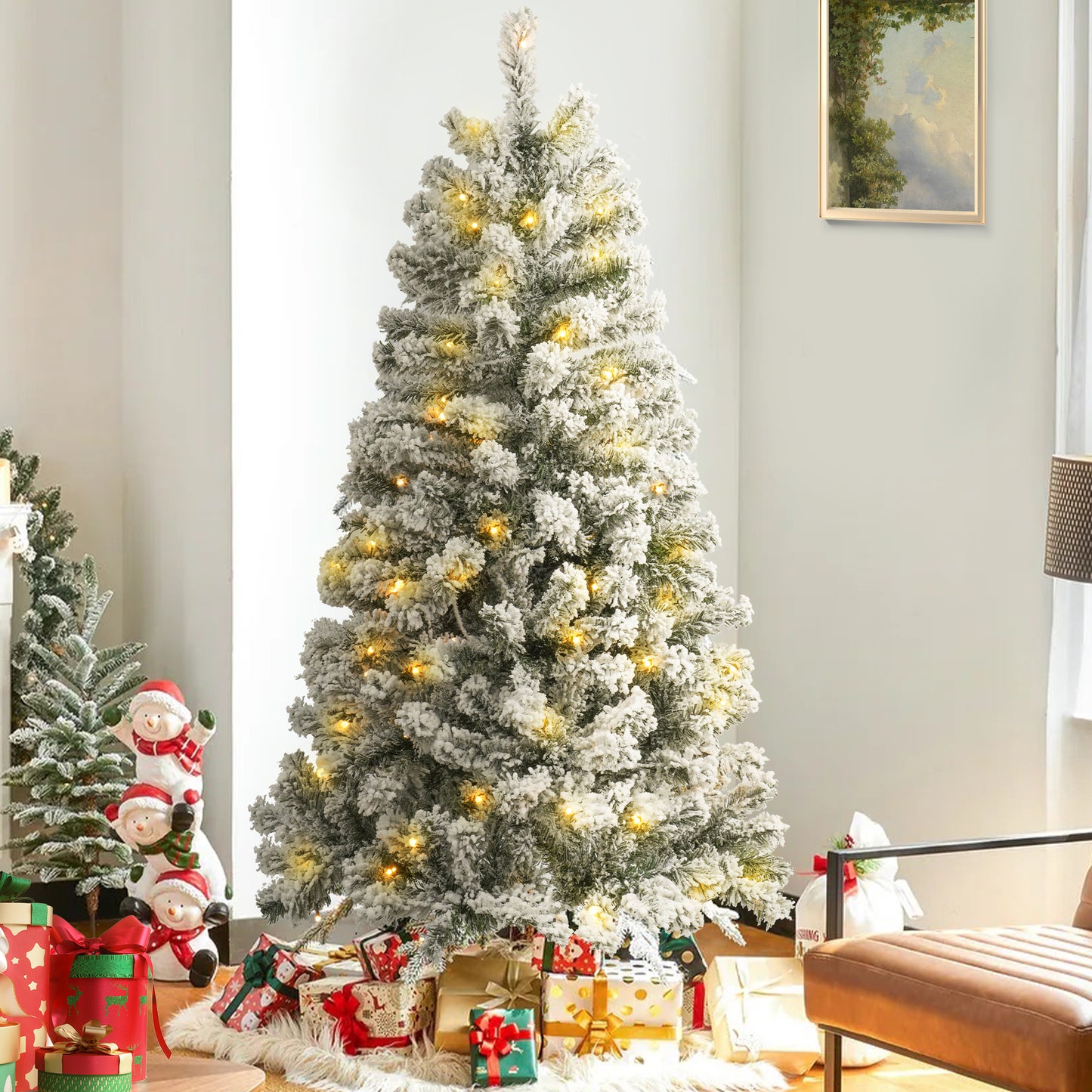 Qunler 4FT Pre-Lit Flocked Christmas Tree with 360 Branch Tips, Snow Artificial Xmas Tree with 120 LED Lights for Holiday, Outdoor, Indoor, Home