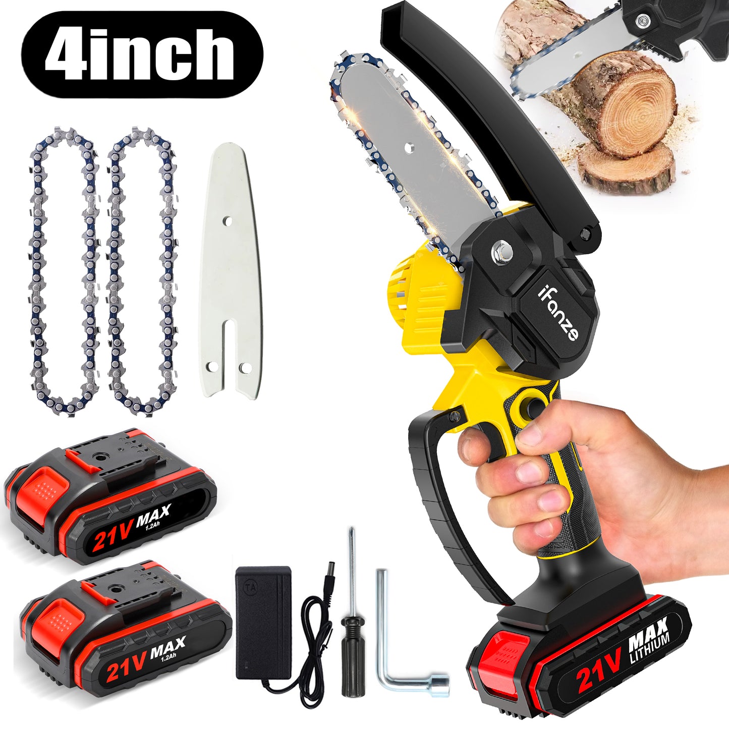 4 inch Mini Chainsaw with 2 Battery, Portable Cordless Lightweight Handled Chain Saws, Logging Saw for Wood Cutting Tree Trimming - Black