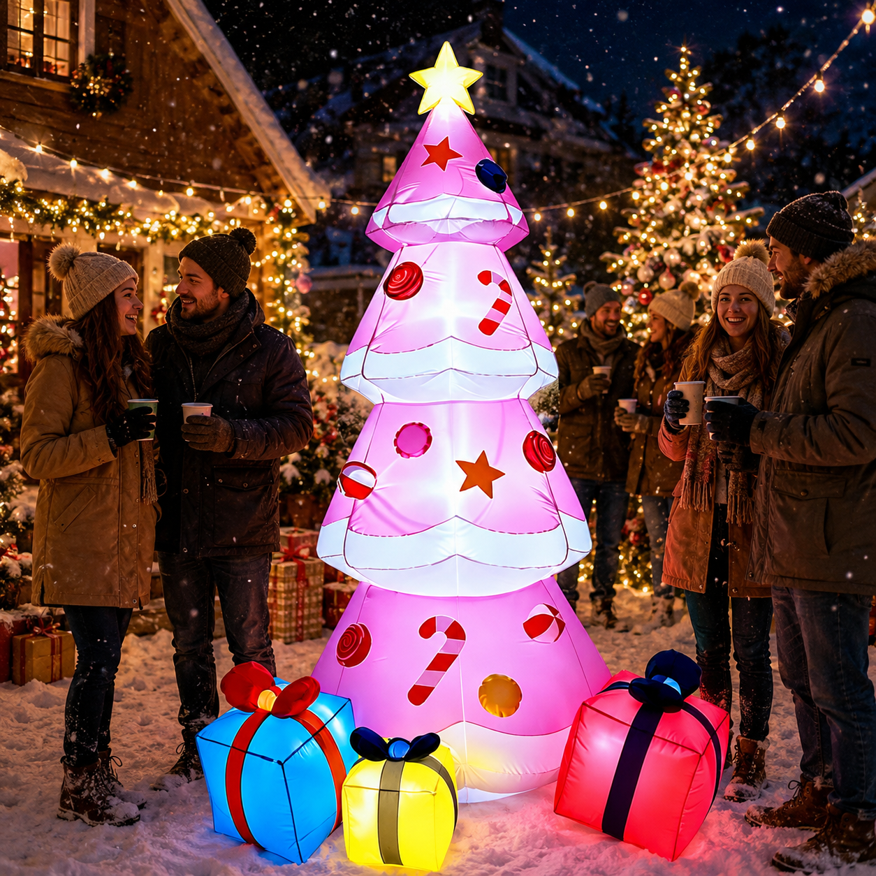 9 FT Inflatable Christmas Tree Blow-up Xmas Tree Decoration with LED Lights Star Treetop & Colorful Candy for Xmas Holiday Party Indoor Garden Patio,Pink