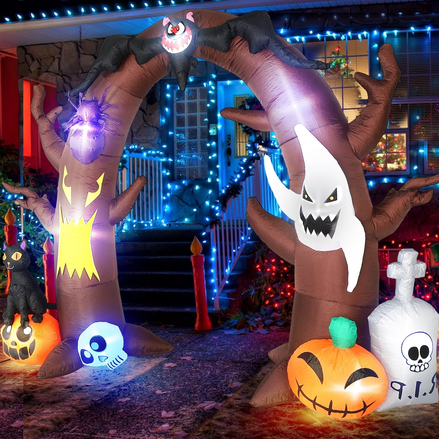 11ft Halloween Inflatable Archway with Pumpkins Skull Spider Ghosts Tombstone bat cat LED Lights Decor Outdoor Indoor Holiday Decorations, Lighted Yard Blowup, Lawn Blow Up Home Family Party