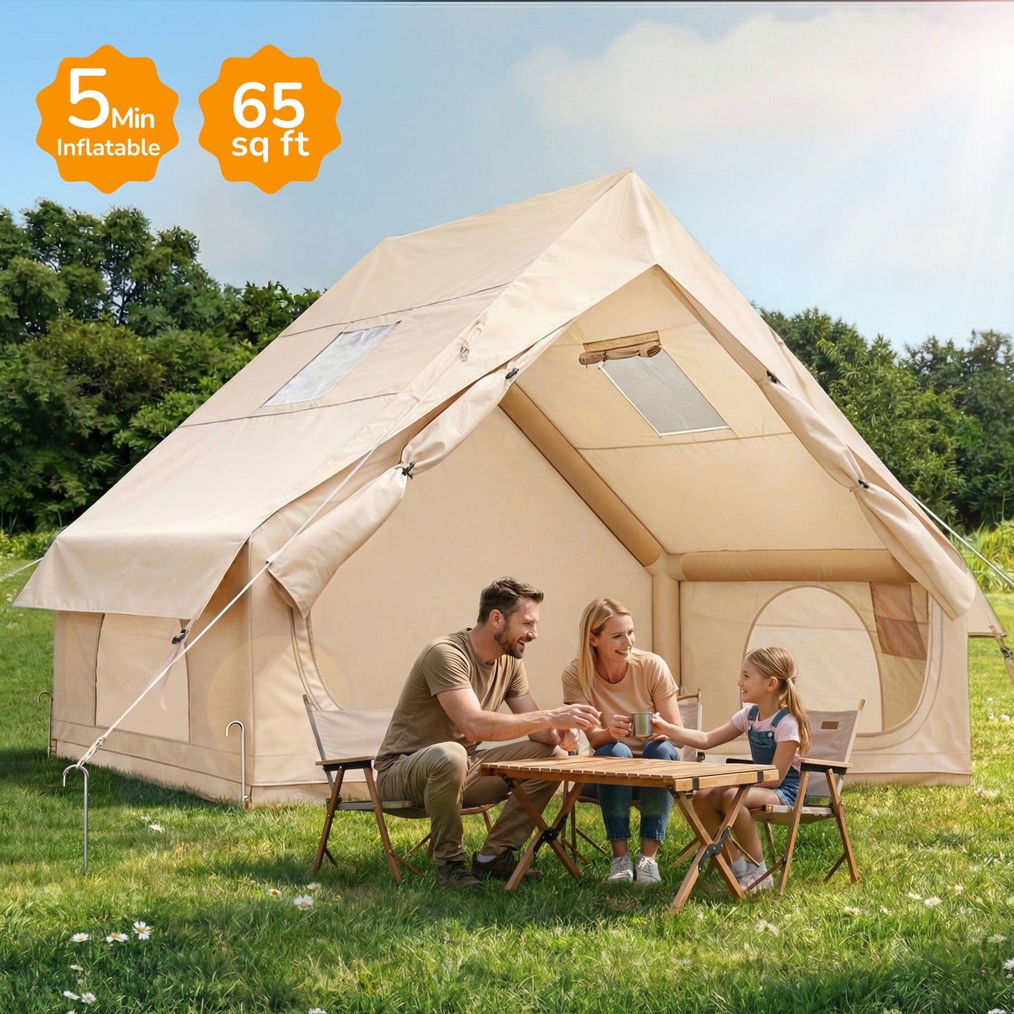 Qunler 4-6 Person Inflatable Tent with Pump, Large Waterproof Air Tent for Camping, Easy Setup in 5 Mins, Windproof Cabin Shelter, Beige