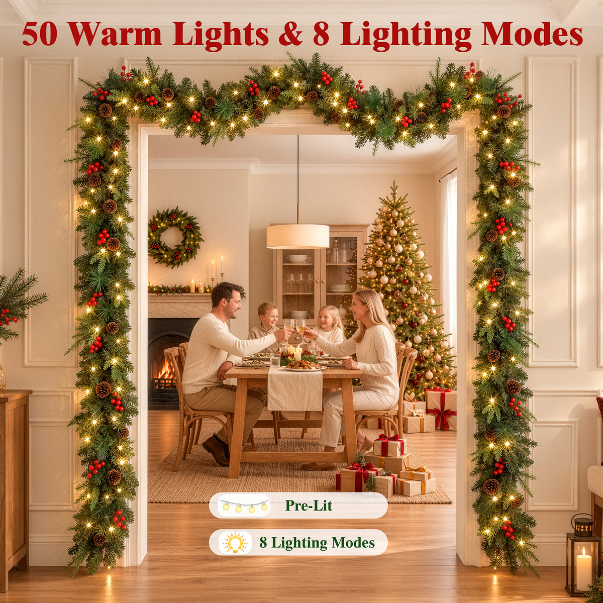 2Pack Pre-Lit 9ft Christmas Garland, Artificial Garland with Lights 300 Tips for Outdoor Indoor Door Stairs Front Fireplace Mantel Porch ,Green