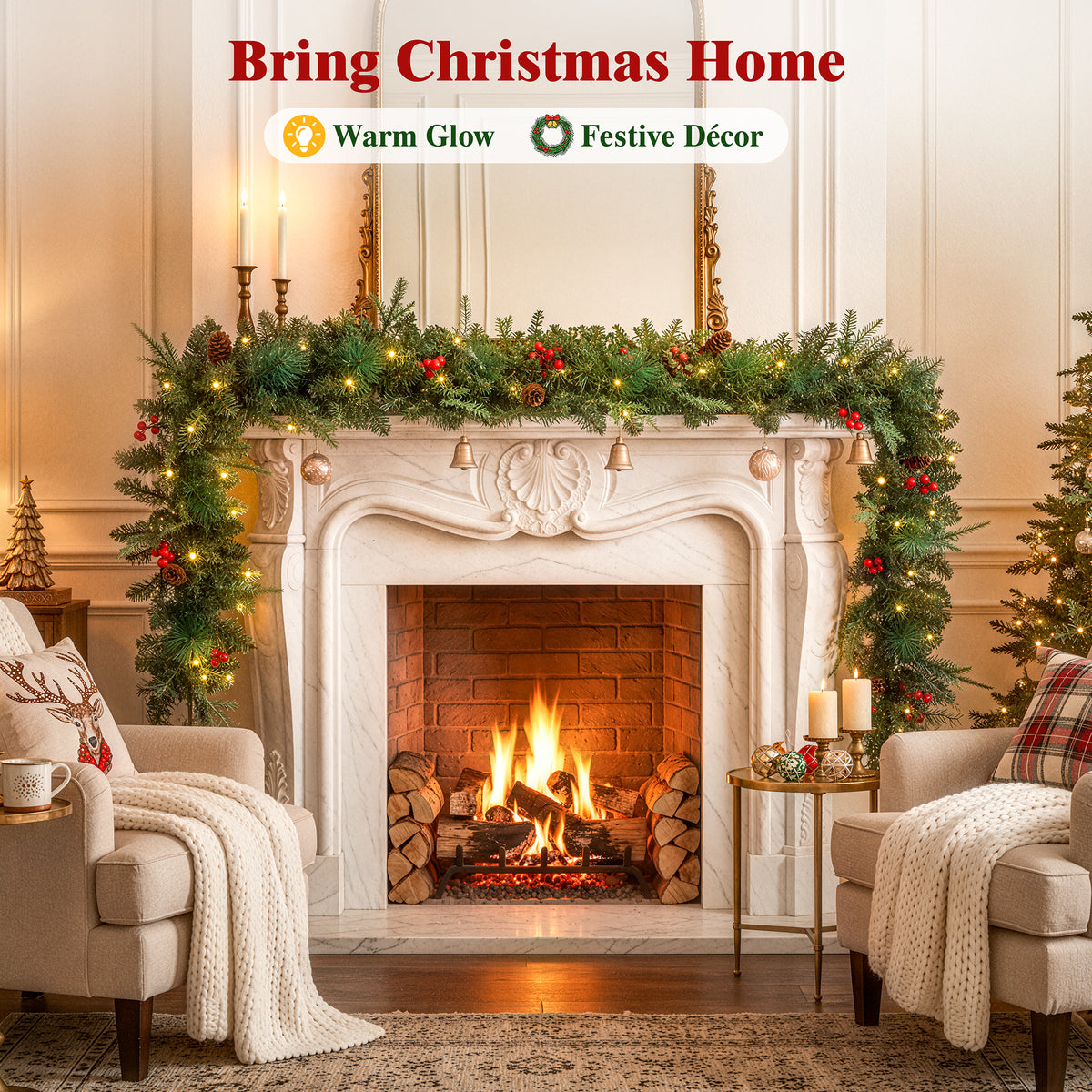 9ft Outdoor Pre-Lit Christmas Garland for Fireplace Mantel Stairs Doorway Indoor Outdoor Xmas Holiday Decoration,Battery Operated LED Lights