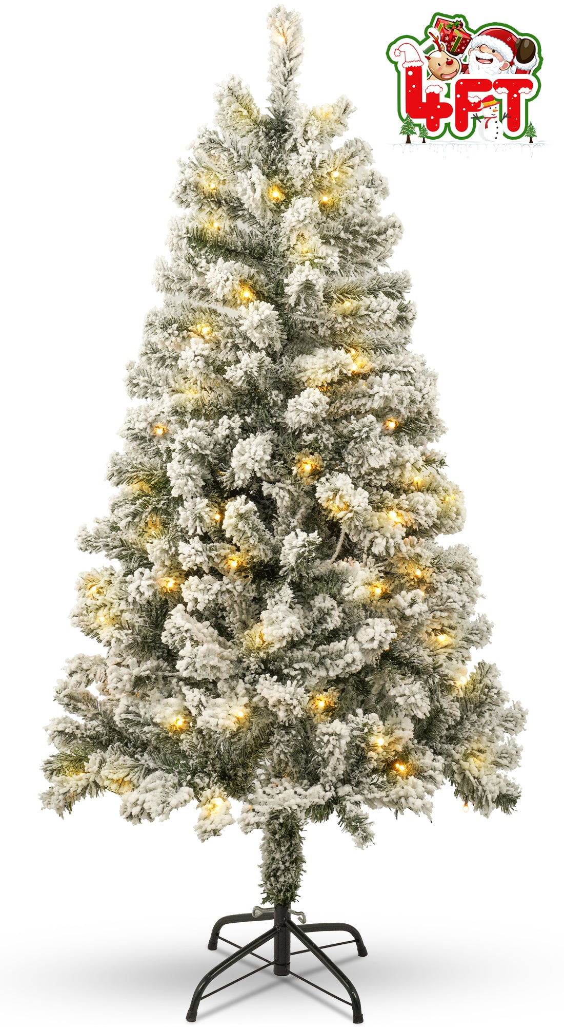 Qunler 4FT Pre-Lit Flocked Christmas Tree with 360 Branch Tips, Snow Artificial Xmas Tree with 120 LED Lights for Holiday, Outdoor, Indoor, Home