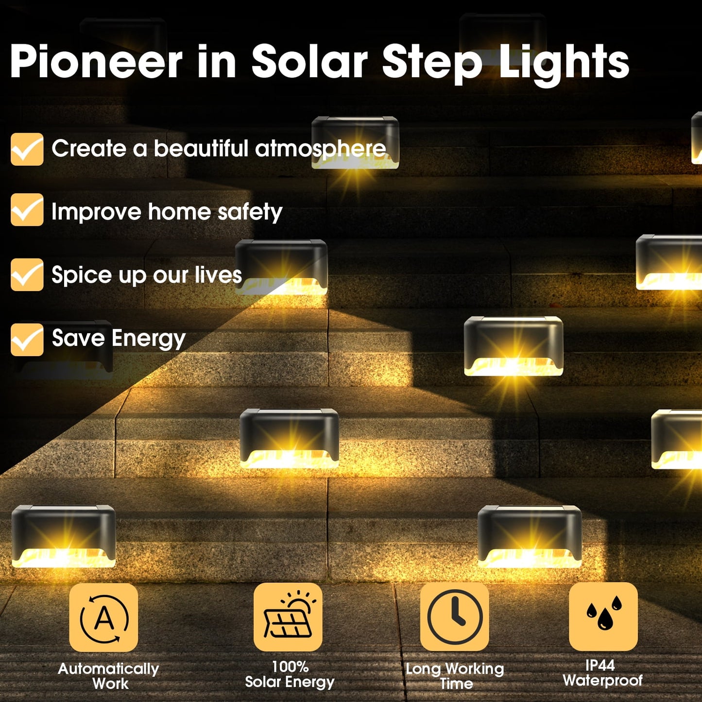 4 Pack Solar Deck Lights Waterproof Led Solar Lamp Outdoor Warning Warm Light for Steps Decks Pathway Yard Stairs Fences Tent Camping