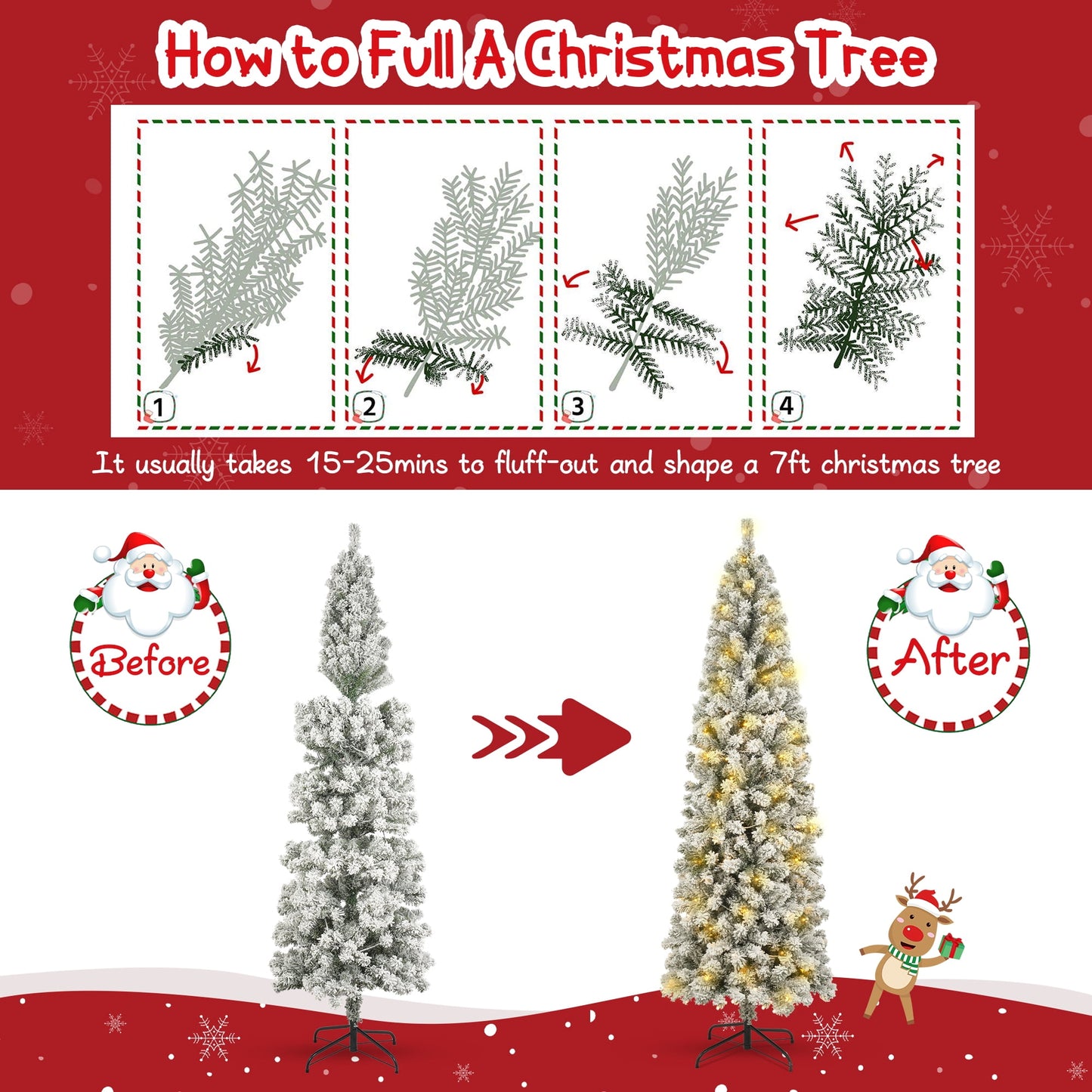 7ft Pre-Lit Artificial Pencil Christmas Tree,Snow Flocked Slim Skinny Xmas Tree Holiday Decoration with 250 Warm White & Multicolor Lights