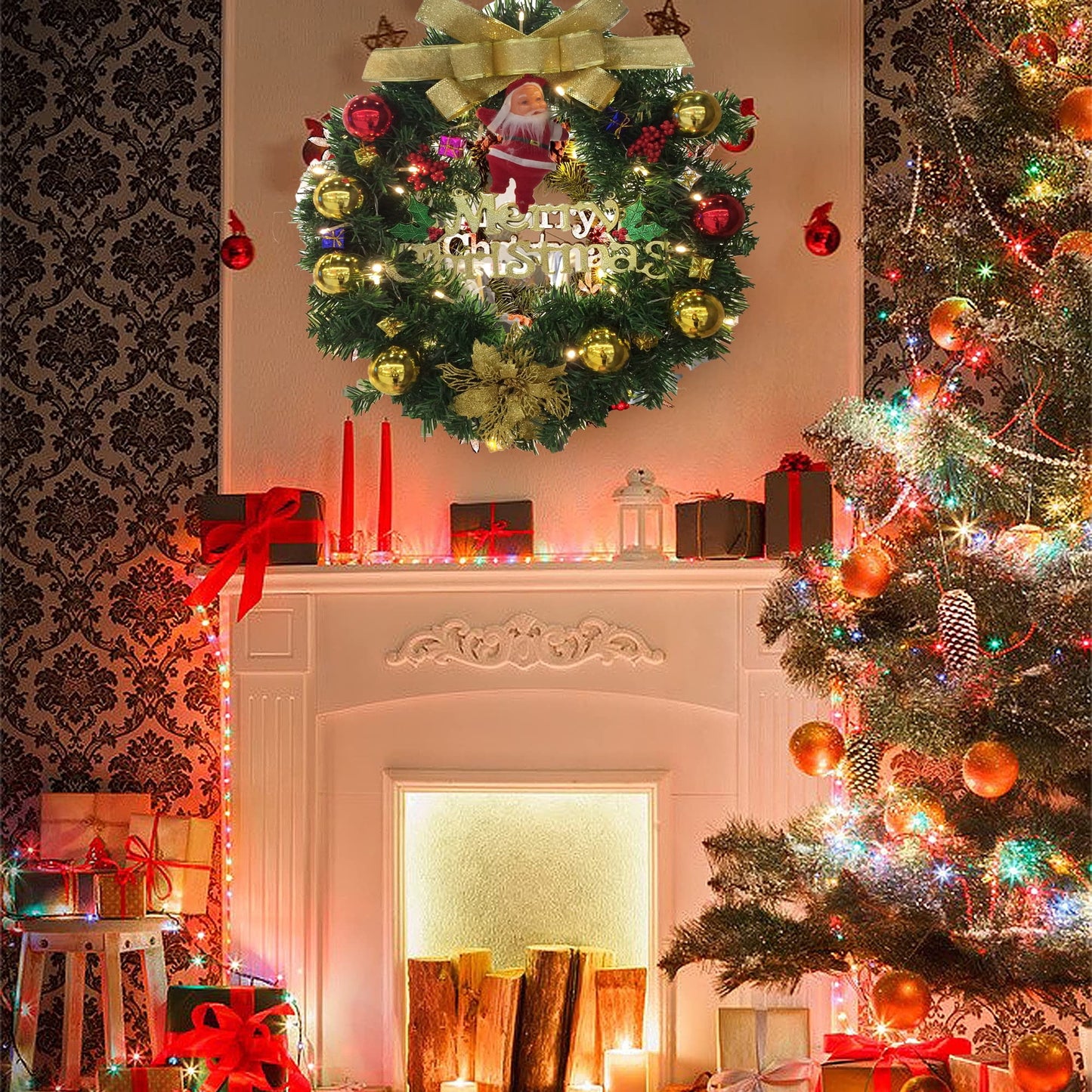 Melliful 24" Pre-Lit Christmas Wreaths ,Outdoor Lighted Christmas Wreath for Front Door ,Christmas Gold Bow Ball Santa Claus Wreath, Xmas Wreath Decor for Window Fireplace Indoor ,Green