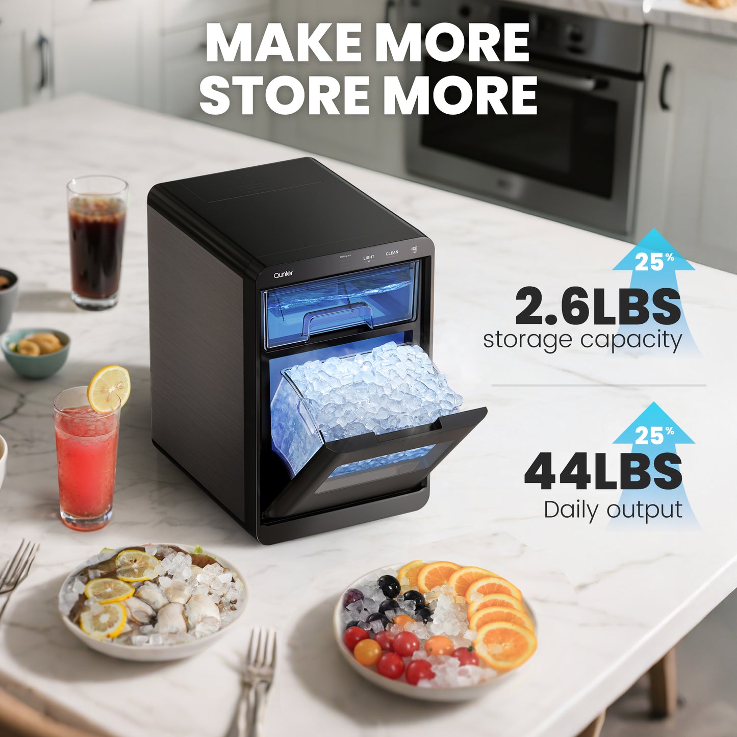 Qunler Nugget Ice Maker Countertop, 44lbs per Day Chewable Pebble Nugget Ice Machine with Touch Screen for Home, Kitchen, Office, Stainless Steel, Black