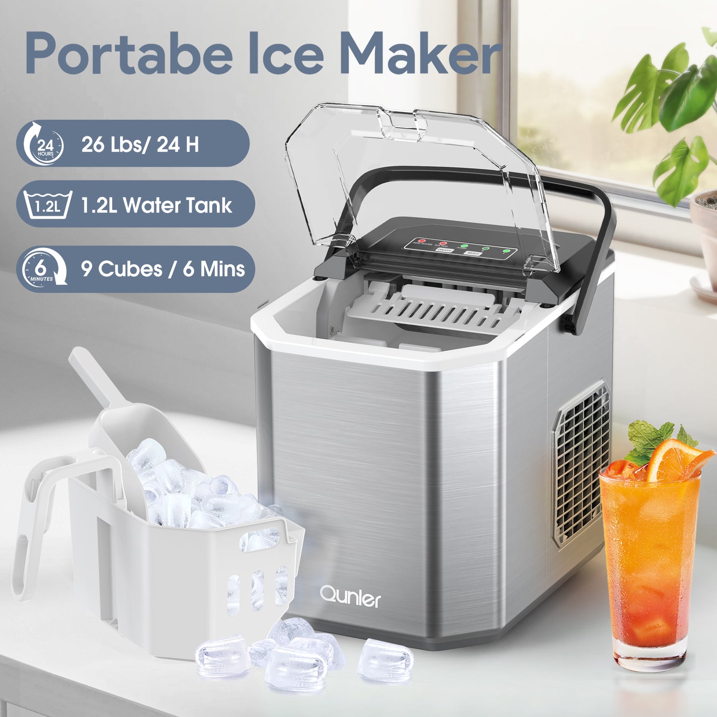 Qunler Ice Maker Countertop, 2 Sizes 9 Bullet Ice Cubes in 6 Mins, 26lbs/24Hrs, Self Cleaning Pebble Ice Machine with Scoop, Small Portable Ice Cube Maker for Home, Kitchen, Camping