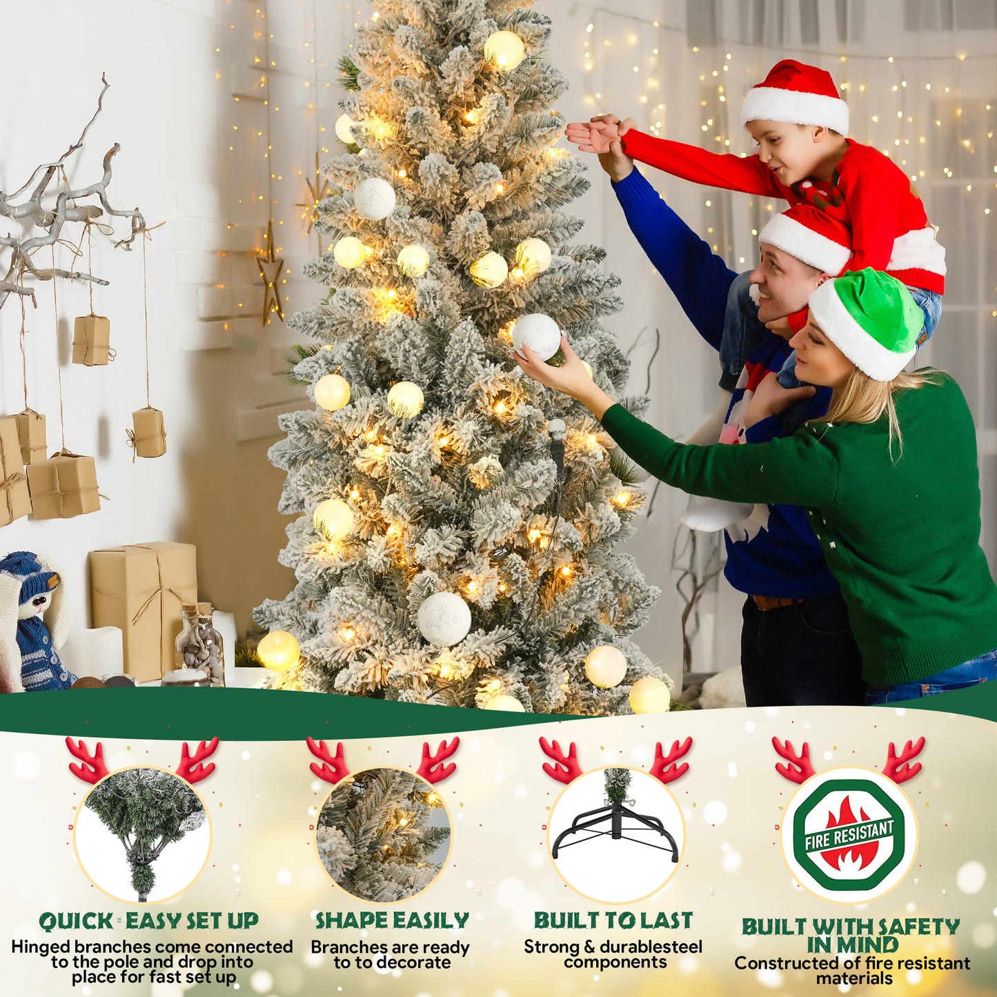 7.5FT Pre-Lit Pencil Christmas Tree, 250 Lights 1000 Tips Artificial Xmas Tree