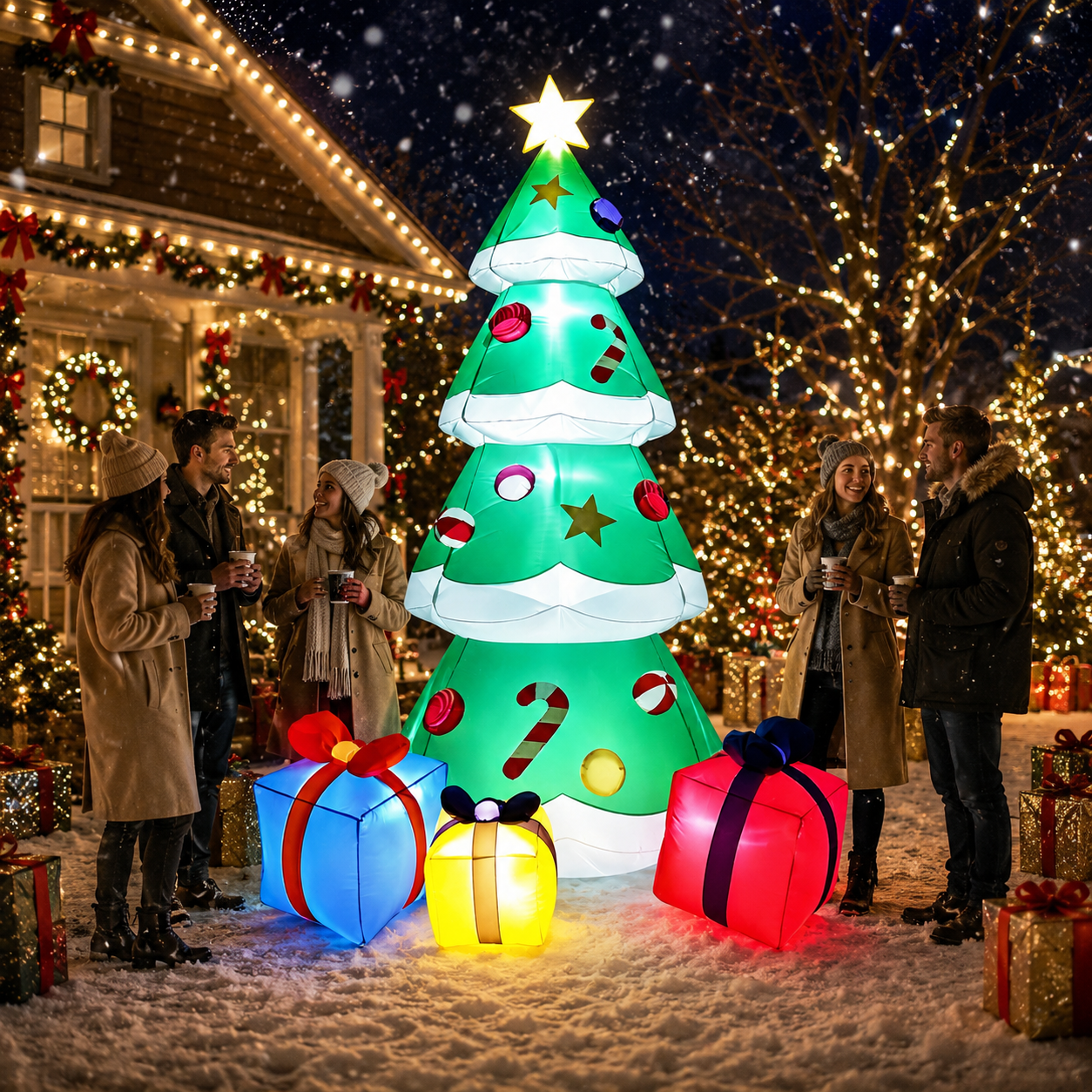 10 FT Inflatable Christmas Tree Blow-up Xmas Tree Decoration with LED Lights Star Treetop & Colorful Candy for Xmas Holiday Party Indoor Garden Patio