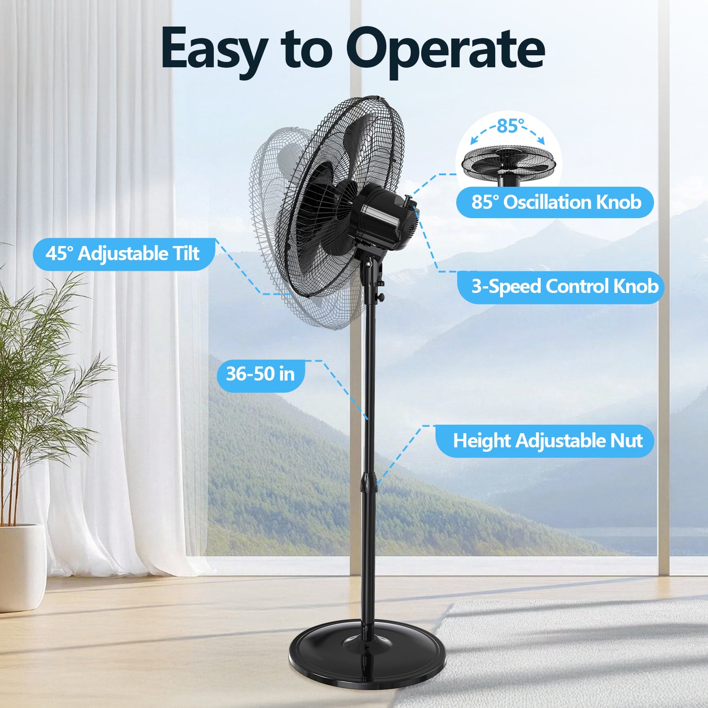Qunler 18" Standing Oscillating Pedestal Fan, Quiet Stand up Electric Fan for Home Bedroom, Black