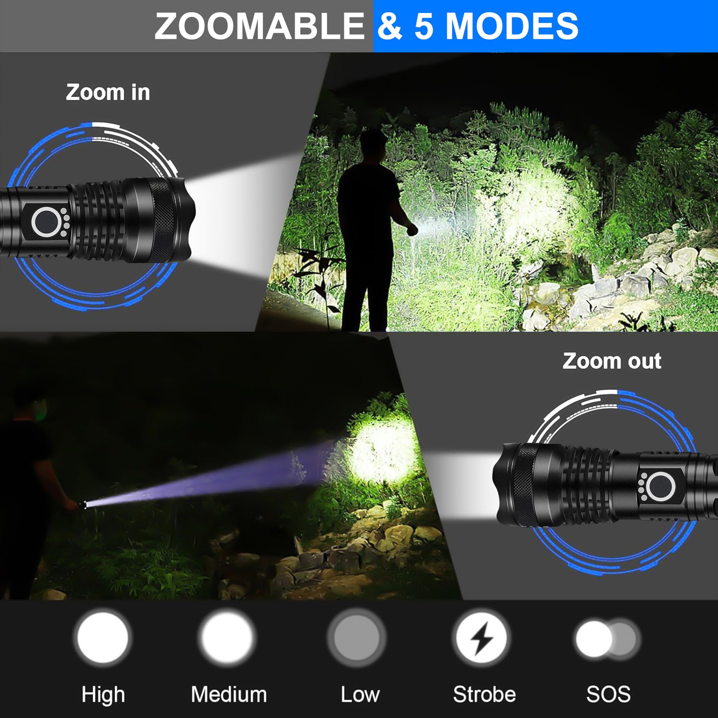 90000 Lumens Powerful Flashlight, USB Rechargeable Waterproof XHP70 Searchlight Super Bright 5 Modes LED Flashlight Zoom Bar Torch for Hiking Hunting Camping Outdoor Sport (Battery Included)