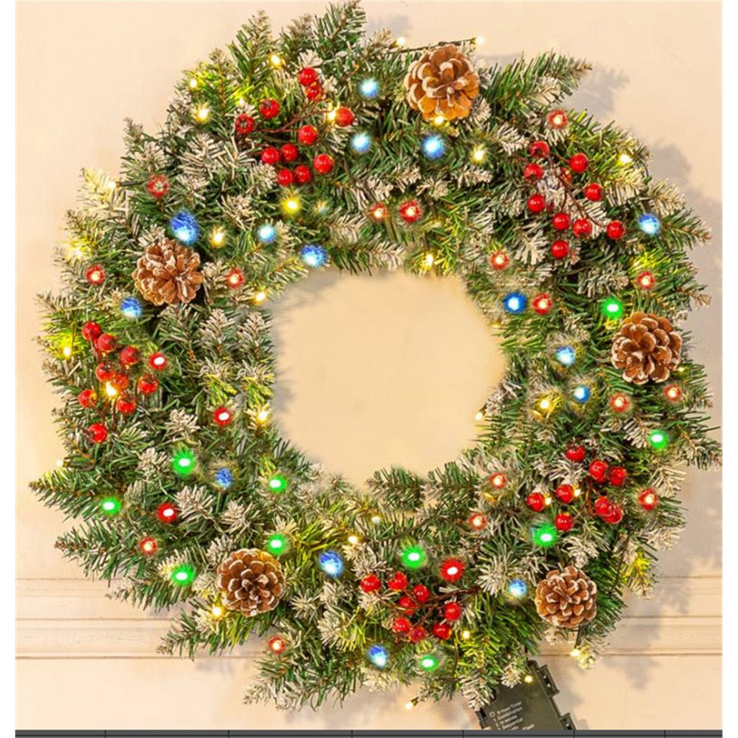 Melliful 24-inch Pre-lit Christmas Wreath, Decorated Wreath with 8 Modes Led Lights, Green