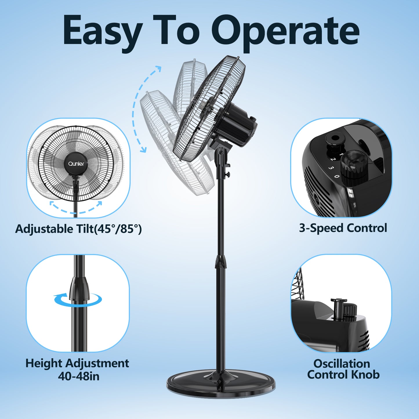 16" Oscillating Pedestal Fan, 3-Speeds Stand up Fan with Adjustable Height and Tilt, Less Noise Cooling Fan for Room Bedroom Home Office, Black