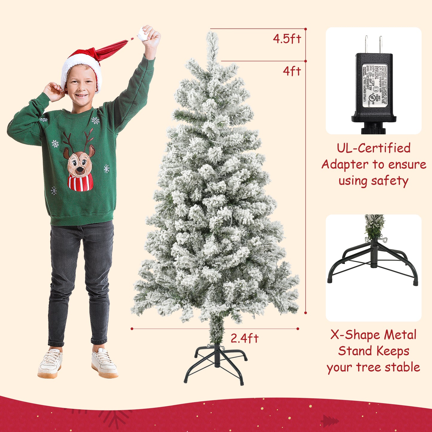 Posrue 4FT Pre-Lit Flocked Christmas Tree with 360 Branch Tips, Snow Artificial Xmas Tree with 100 LED Lights for Holiday, Outdoor, Indoor, Home