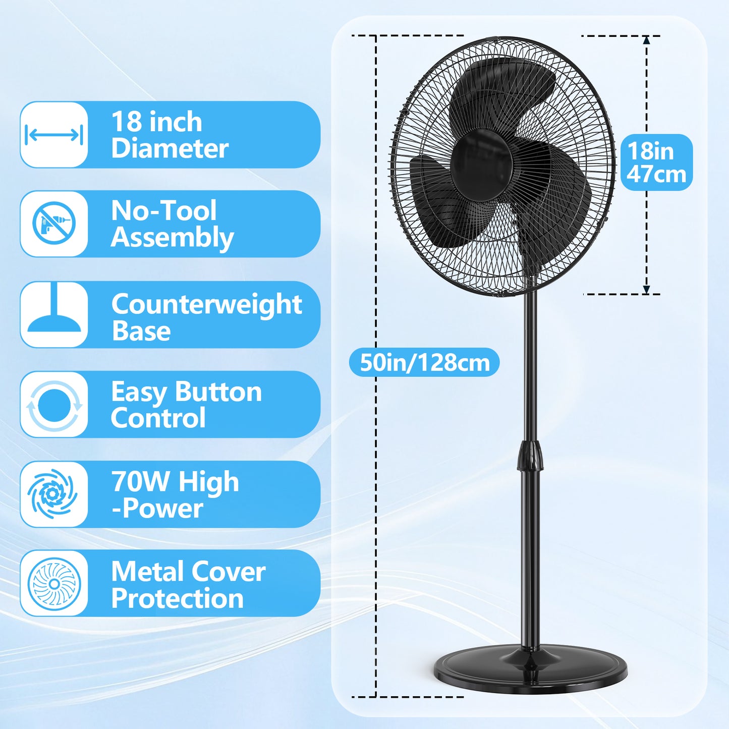 Qunler 18" Standing Oscillating Pedestal Fan, Quiet Stand up Electric Fan for Home Bedroom, Black