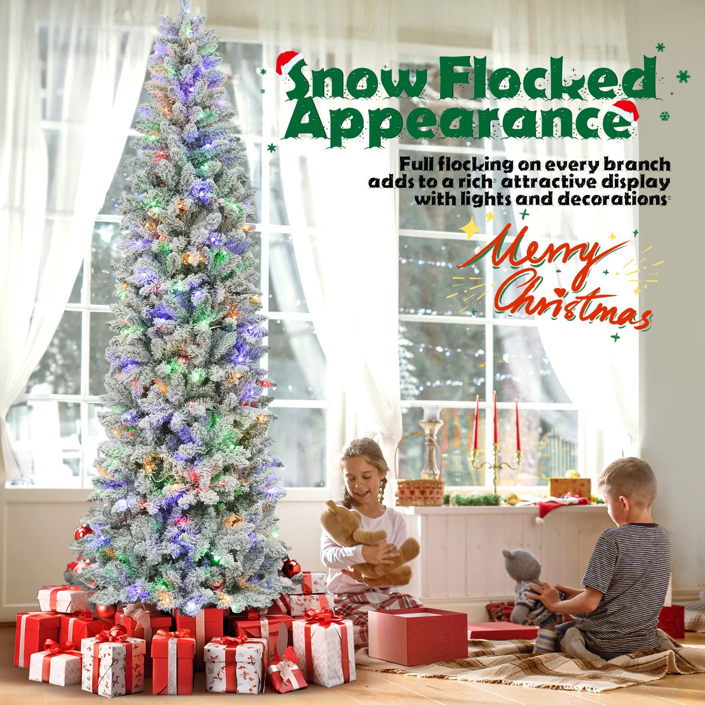 7.5FT Pre-Lit Pencil Christmas Tree, 250 Lights 1000 Tips Artificial Xmas Tree