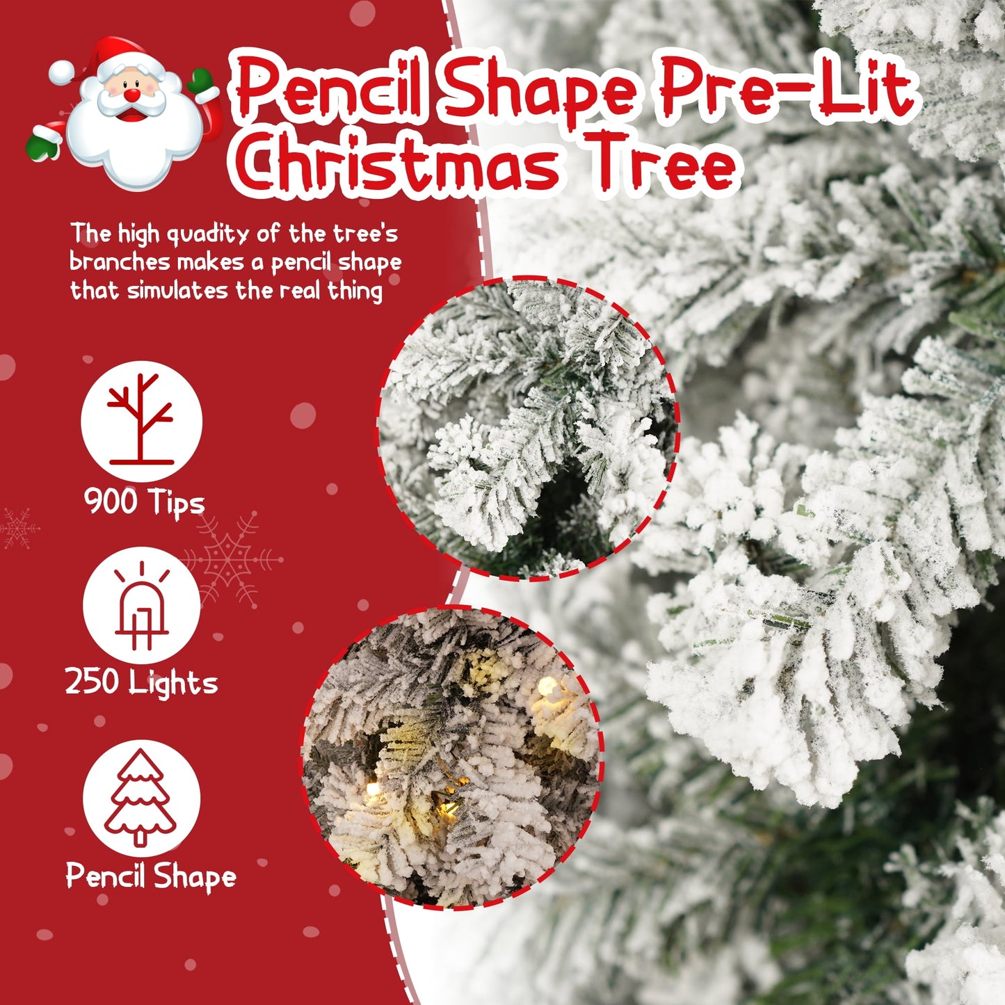 Qunler 6ft Prelit Artificial Floacked Pencil Christmas Tree with 200 Warm White & Multicolor Lights for Indoor Outdoor Christmas Holiday Decor