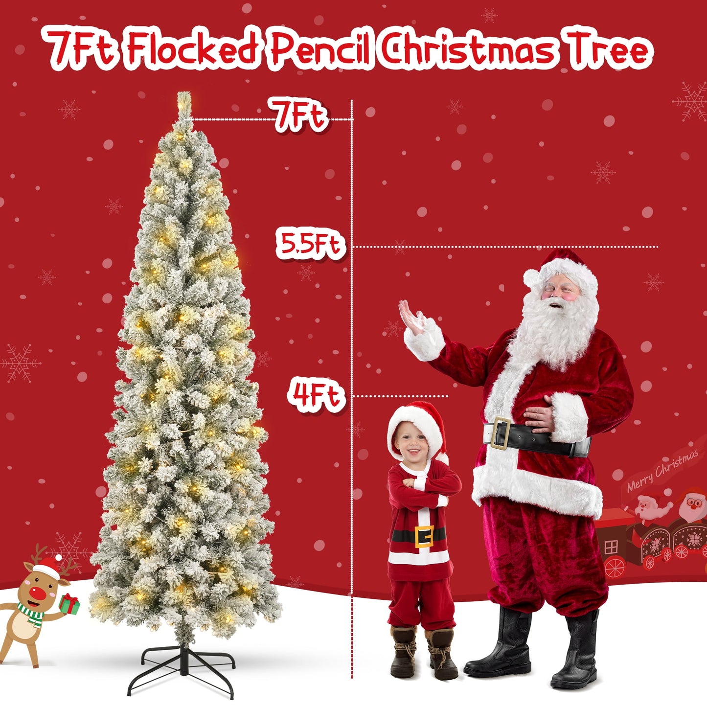 Qunler 6ft Prelit Artificial Floacked Pencil Christmas Tree with 200 Warm White & Multicolor Lights for Indoor Outdoor Christmas Holiday Decor