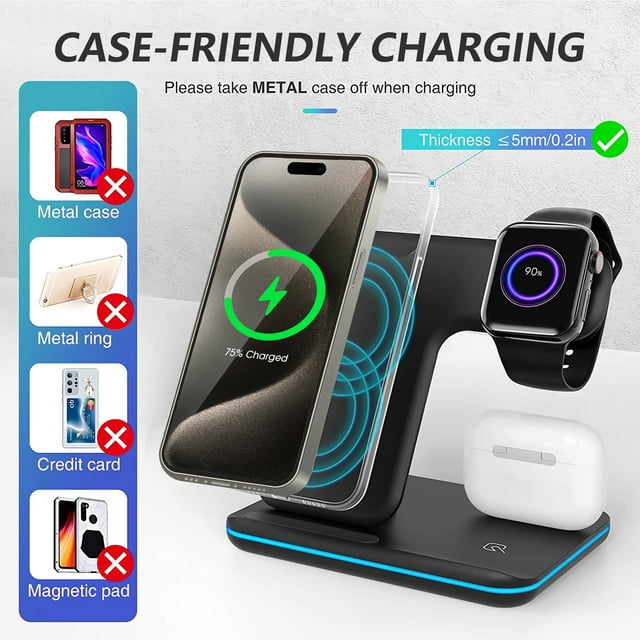 Wireless Charger, 3 in 1 Qi-Certified 15W Fast Charging Dock Station/ Stand, Compatible for iPhone Series 15/14/13/12/11/XS/MAX /XR/XS/X/Apple Watch Charger 9 8/7/ 6/5/4/3, Air Pods Pro/Samsung, Black