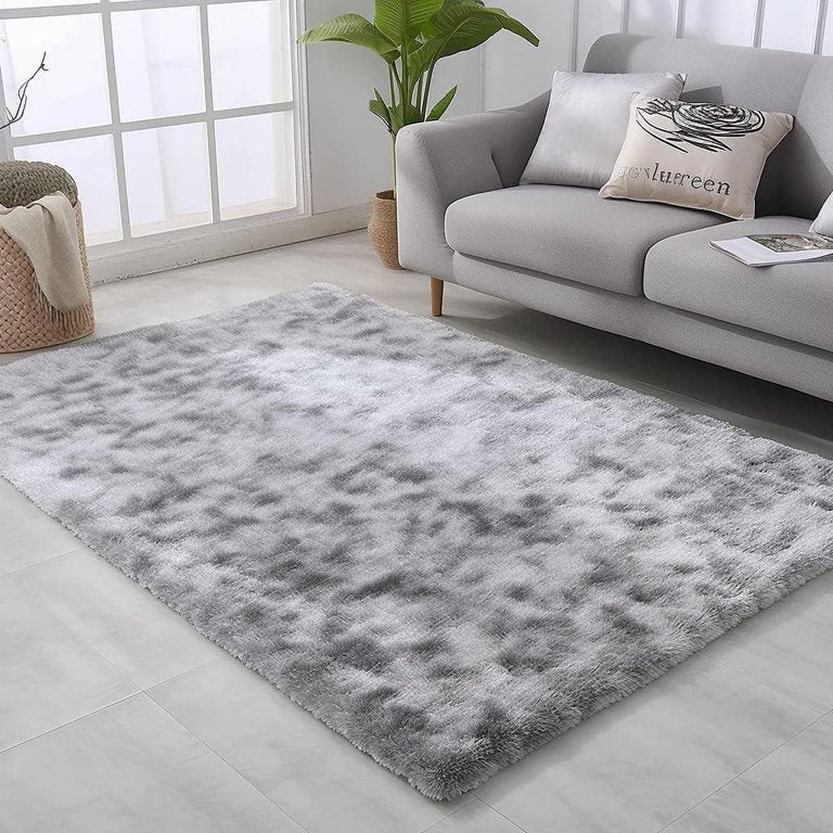 Qunler Large Area Rug, 5ft x 8ft Shag Living Room Rug, Indoor Modern Tie-dye Area Rugs for Bedroom, Rectangle Fluffy Home Carpets, Gray