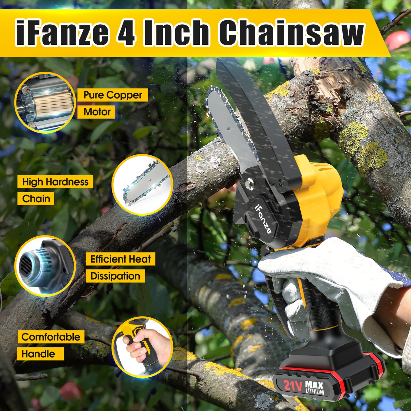 4 inch Mini Chainsaw with 2 Battery, Portable Cordless Lightweight Handled Chain Saws, Logging Saw for Wood Cutting Tree Trimming - Black