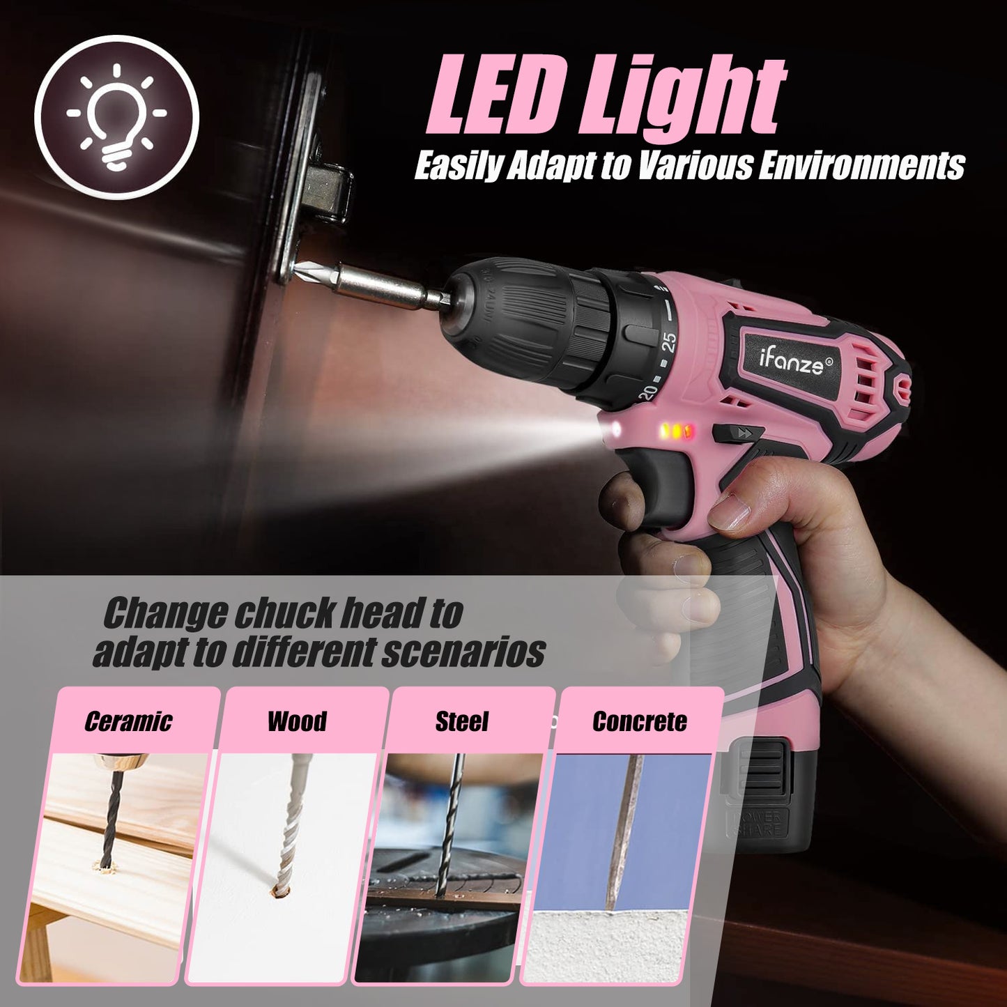 12V Cordless Drill, 2 Variable Speed Electric Power Screw Gun Set with 32 Accessories Multi-function Household Rechargeable Hand Cordless Screwdriver