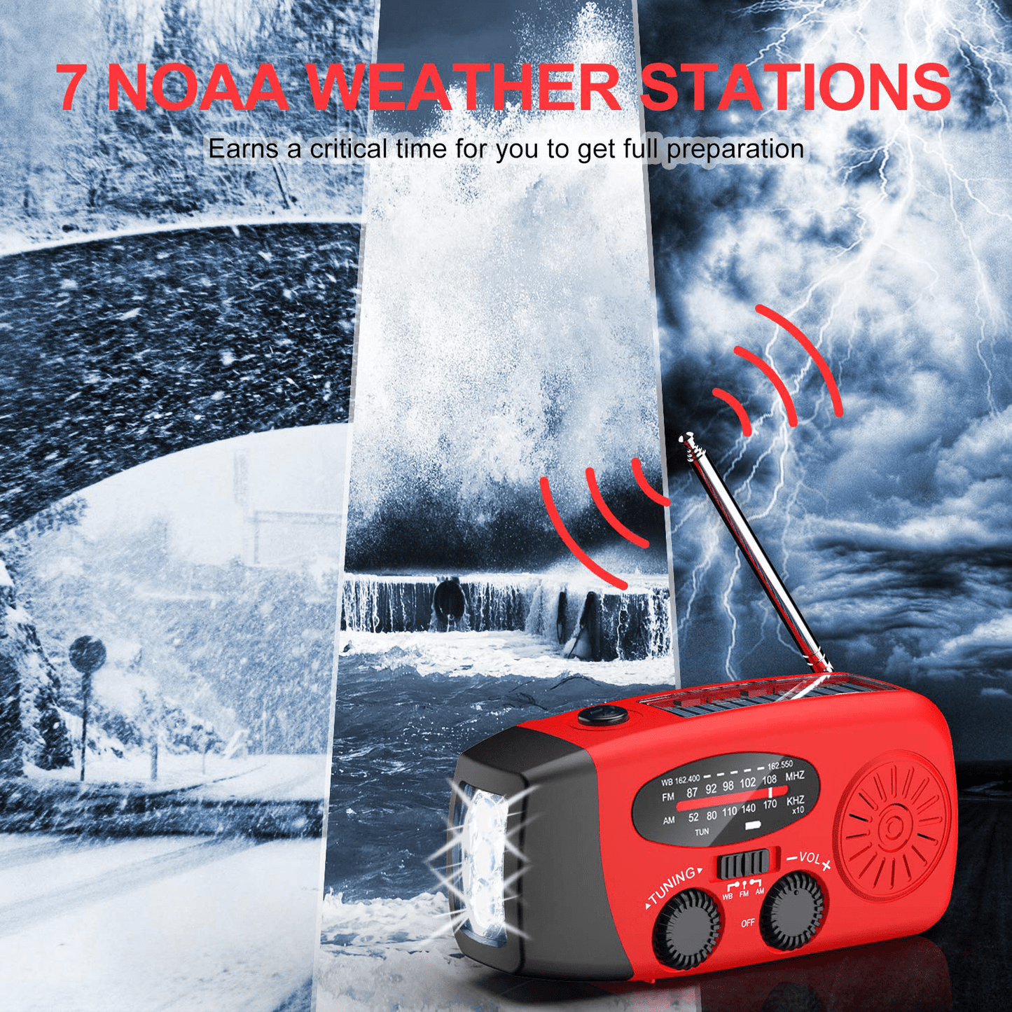 NOAA Weather Radio, posrue AM FM WB Hand Crank Emergency Radio, 2000mAh Rechargeable Power Bank for Phone Charger Portable Solar Radio, Weather Alert, Flashlight for Emergency