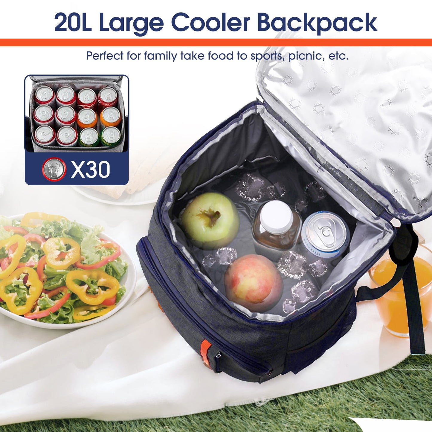 Qunler 23L Cooler Backpack, Soft Sided Insulated Lunch Bag, Leakproof Freezable Cooler Bag with Adjustable Shoulder Strap for Camping Work Travel, Blue