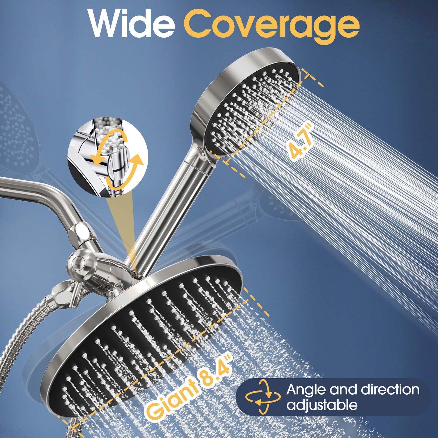 Qunler 8.4" Dual Shower Head with Filter, 6 Modes 3-Way Rainfall High Pressure Shower Head with Handheld Combo 72" Long Hose, Black