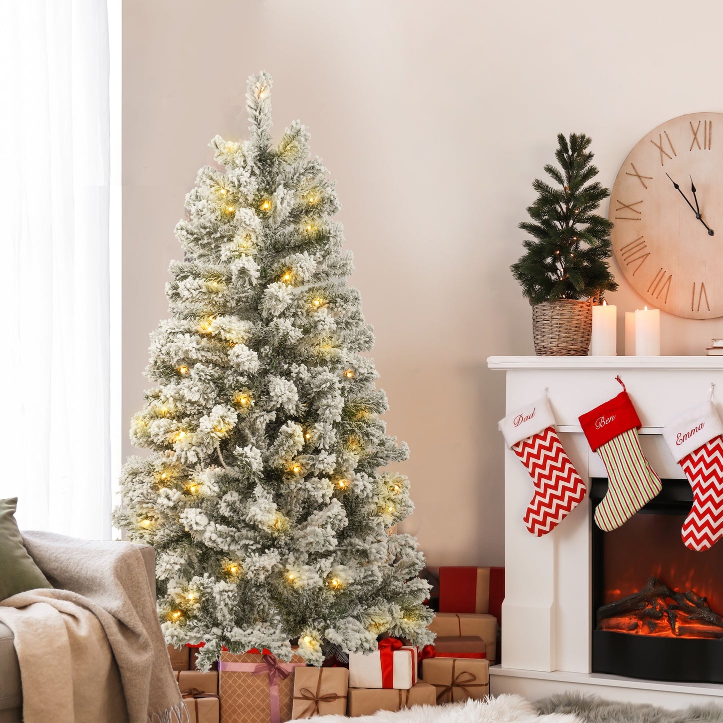 Qunler 4FT Pre-Lit Flocked Christmas Tree with 360 Branch Tips, Snow Artificial Xmas Tree with 120 LED Lights for Holiday, Outdoor, Indoor, Home