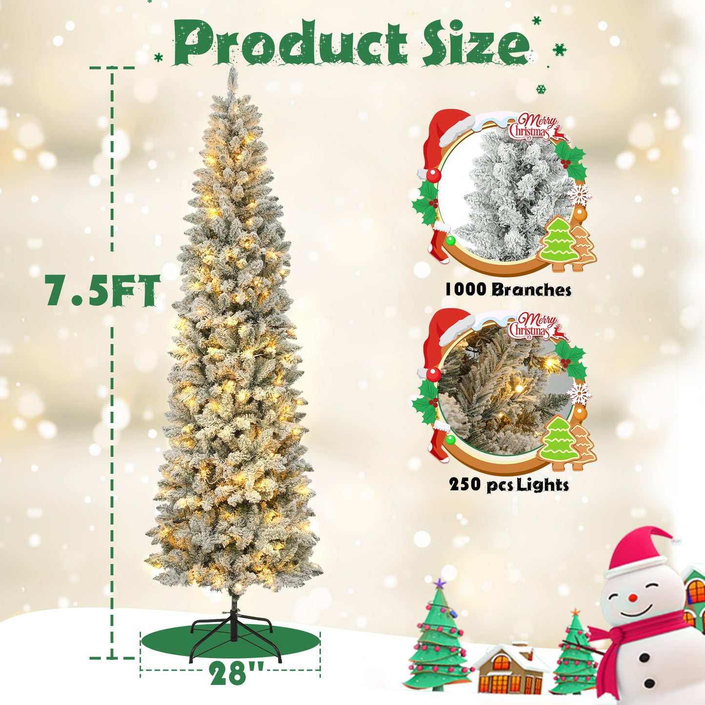 7.5FT Pre-Lit Pencil Christmas Tree, 250 Lights 1000 Tips Artificial Xmas Tree