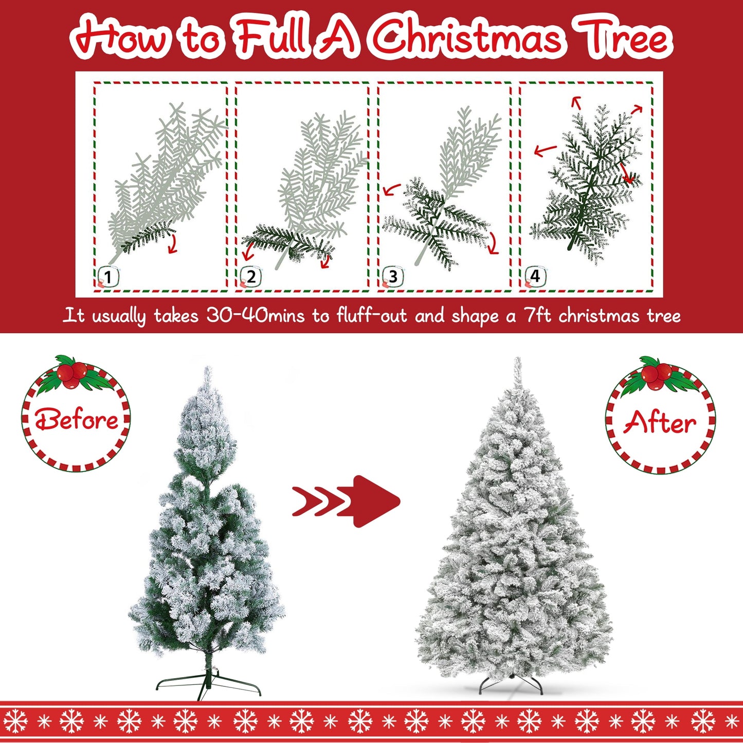 Pre-Lit Artificial Snow Flocked Pencil Christmas Tree Holiday Decoration w/ 350 Clear Lights