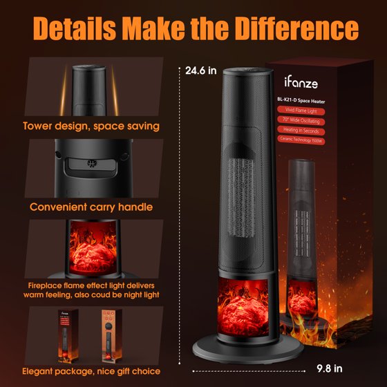 Qunler Space Heater with Remote, 1500W Portable Electric 26" Tower Heater with Tip-over and Overheat Protection, 12H Timer, Heating Fan for Desk Office, Black