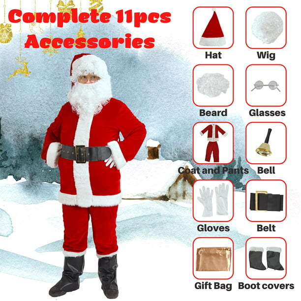 Melliful 11Pcs Santa Suit for Men , Adult Men's Deluxe Christmas Santa Claus Costume Set, XXL