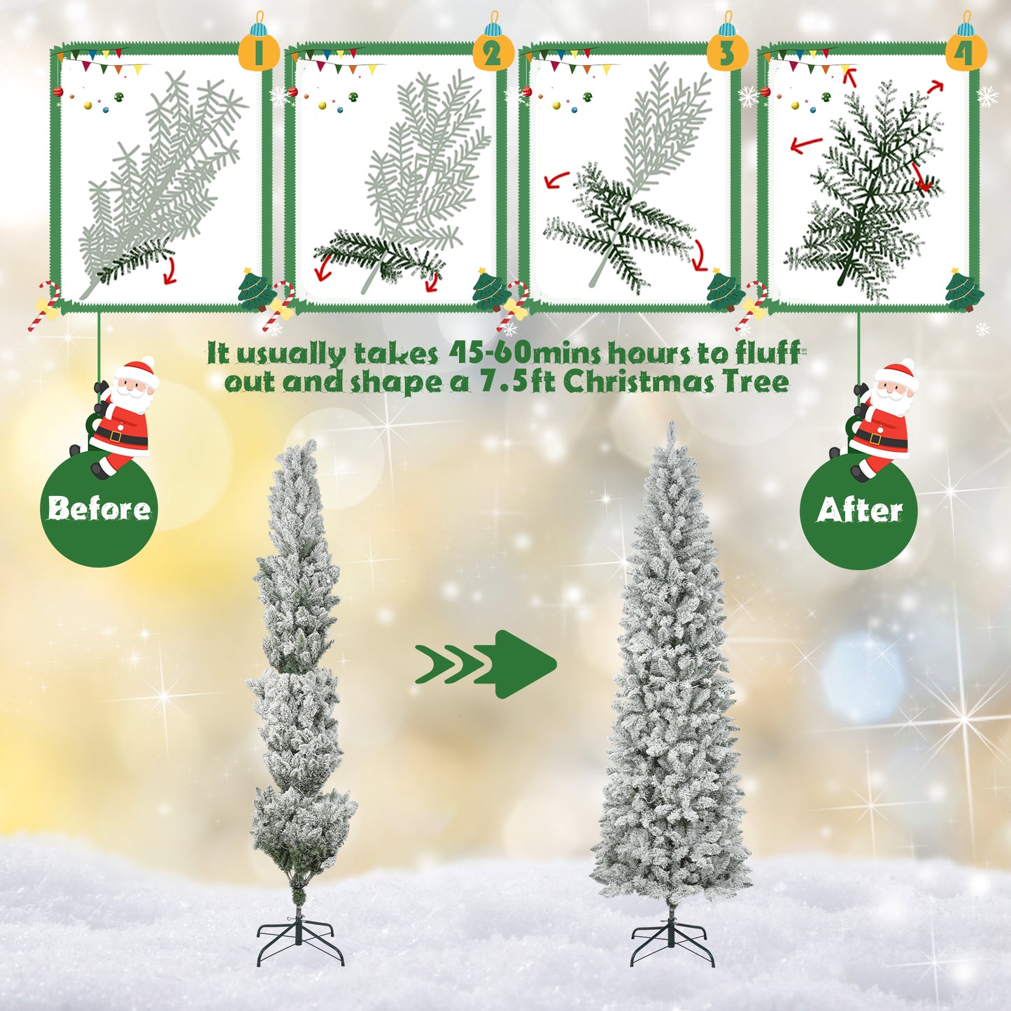 7.5FT Pre-Lit Pencil Christmas Tree, 250 Lights 1000 Tips Artificial Xmas Tree