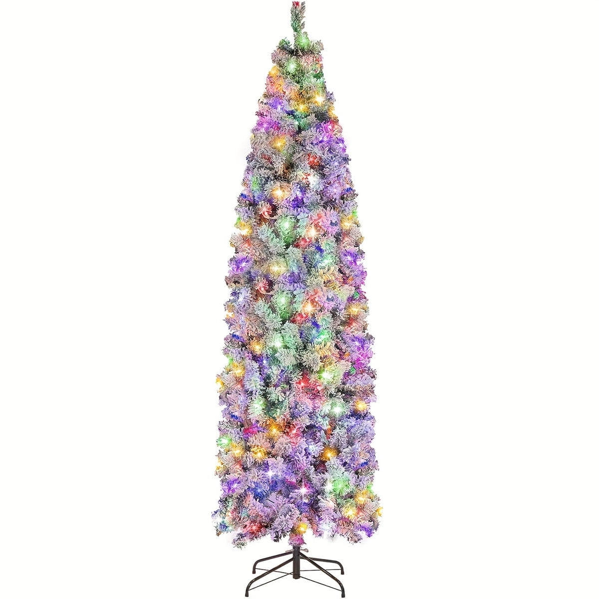 Qunler 6ft Prelit Artificial Floacked Pencil Christmas Tree with 200 Warm White & Multicolor Lights for Indoor Outdoor Christmas Holiday Decor
