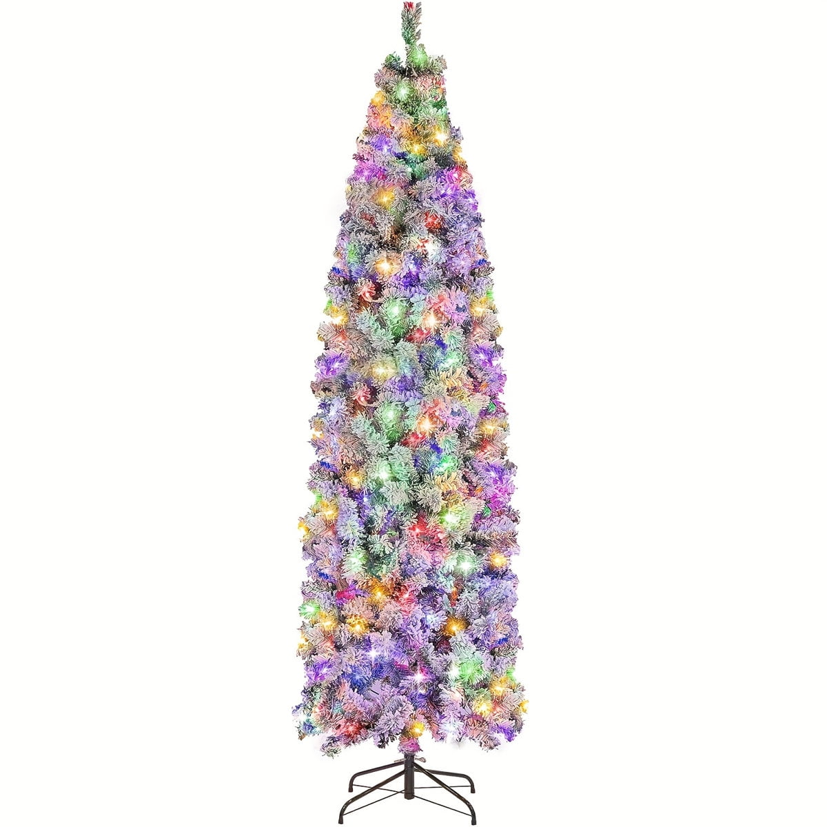 7ft Pre-Lit Artificial Pencil Christmas Tree,Snow Flocked Slim Skinny Xmas Tree Holiday Decoration with 250 Warm White & Multicolor Lights