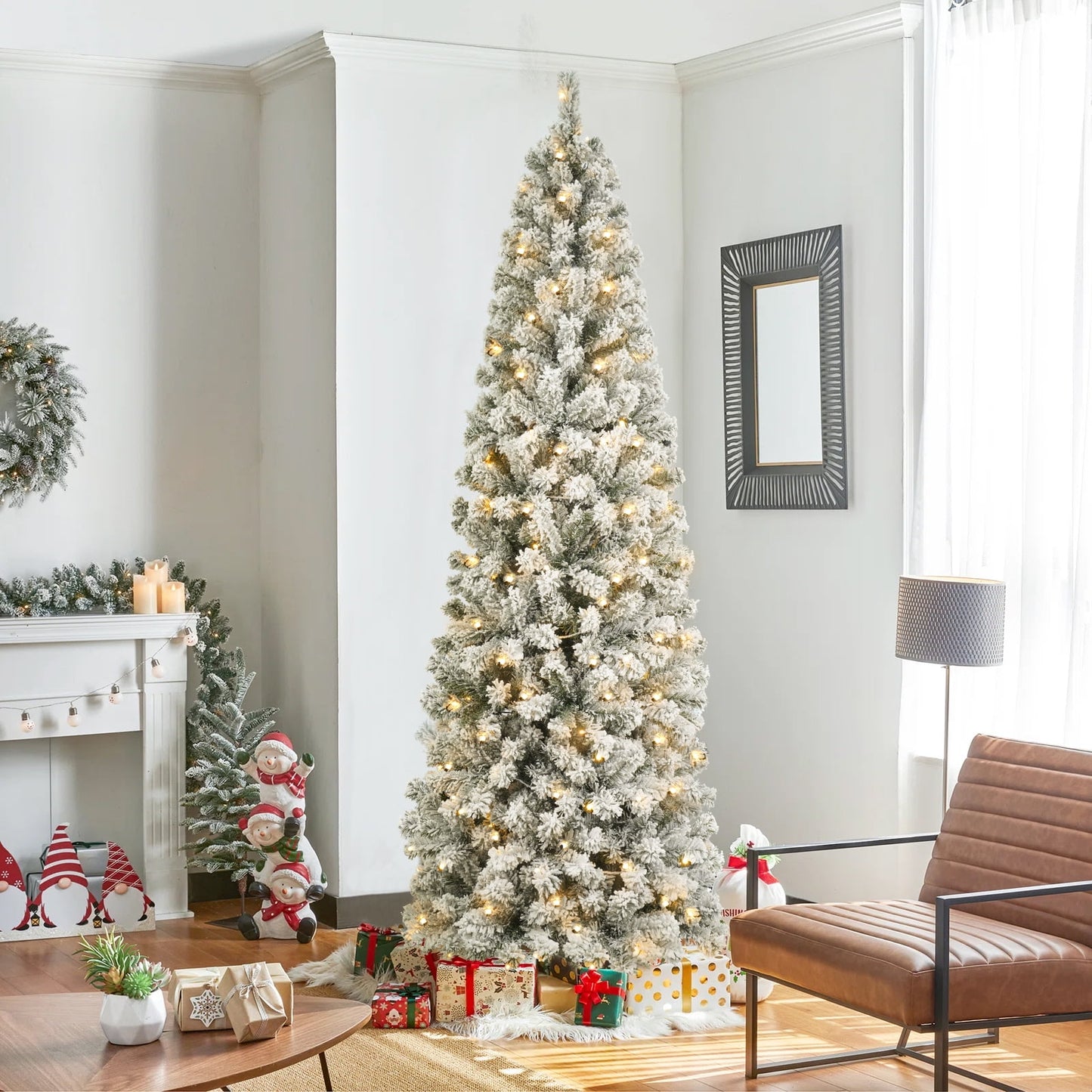 7ft Pre-lit Snow Flocked Pencil Christmas Tree Hinged Slim Skinny Corner Xmas Tree with 250 Incandescent Warm White Lights & 900 Snow Branch Tips, White