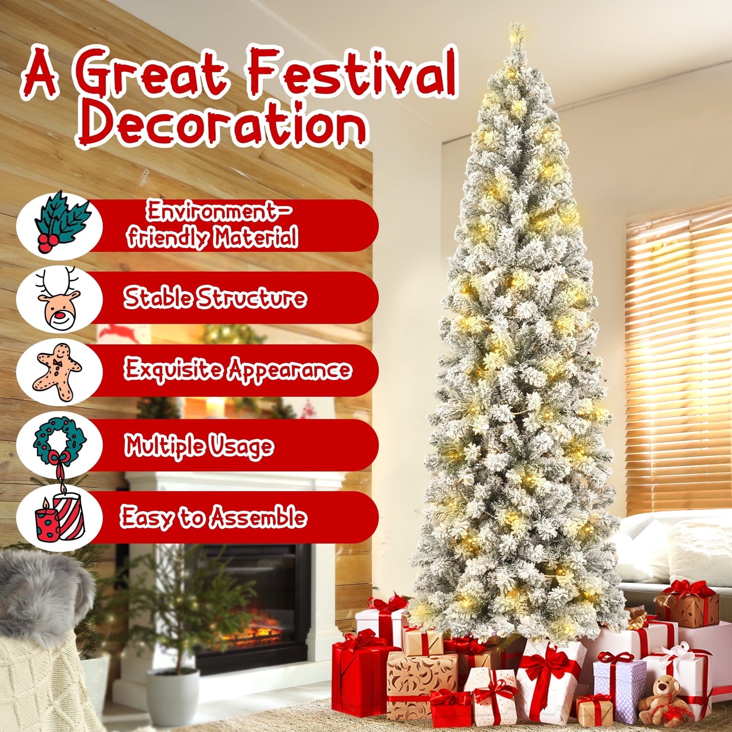 Qunler 6ft Prelit Artificial Floacked Pencil Christmas Tree with 200 Warm White & Multicolor Lights for Indoor Outdoor Christmas Holiday Decor