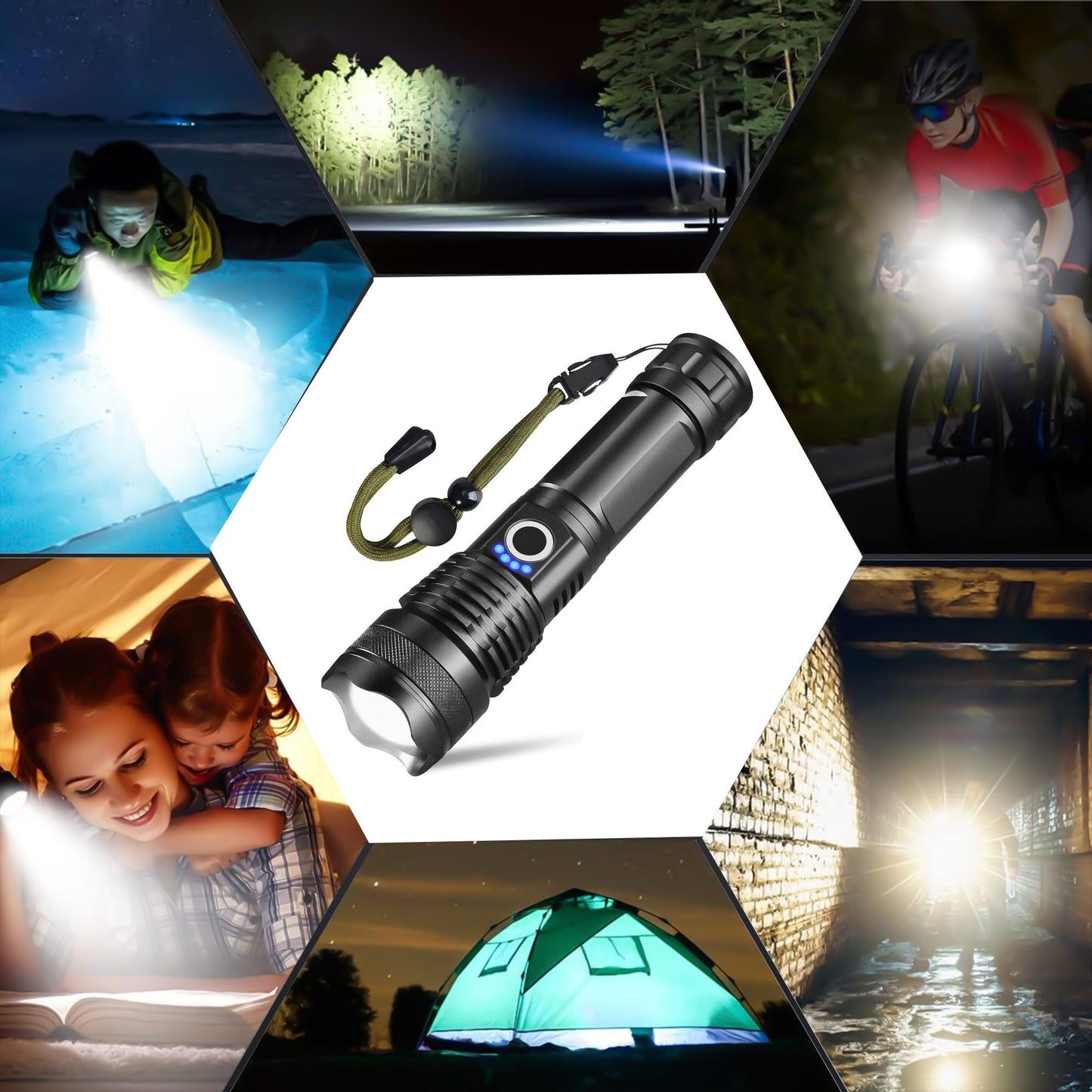 90000 Lumens Powerful Flashlight, USB Rechargeable Waterproof XHP70 Searchlight Super Bright 5 Modes LED Flashlight Zoom Bar Torch for Hiking Hunting Camping Outdoor Sport (Battery Included)
