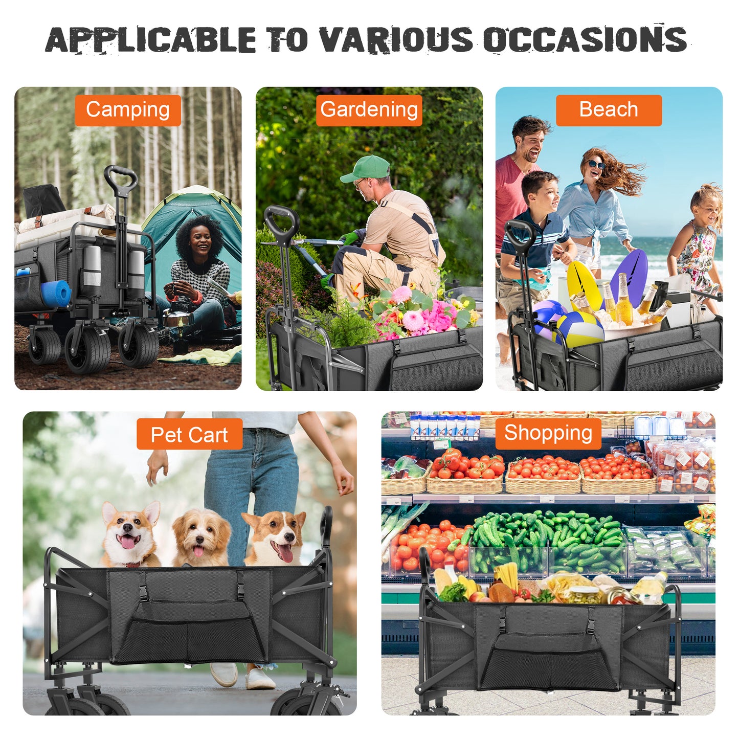 560lbs Large Collapsible Garden Cart with Brakes, Qunler Folding Utility Wagon with Big Wheels and Side Pocket for Camping, Grocery, Gray