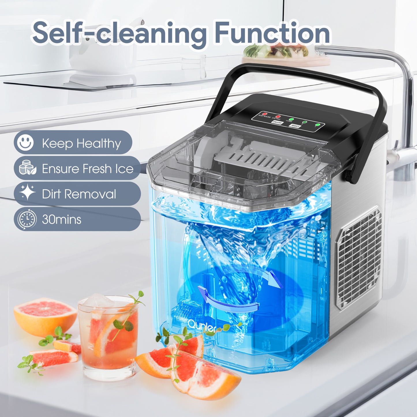 Qunler Ice Maker Countertop, 2 Sizes 9 Bullet Ice Cubes in 6 Mins, 26lbs/24Hrs, Self Cleaning Pebble Ice Machine with Scoop, Small Portable Ice Cube Maker for Home, Kitchen, Camping