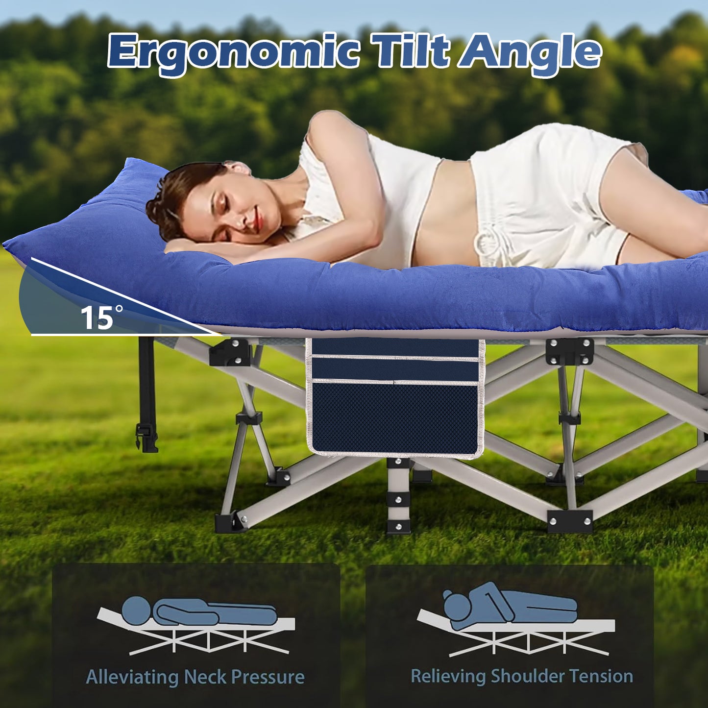 Qunler Folding Camping Cot for Adults, 75"* 28" Portable Guest Bed with 4 Inch Double-Sided Velvet Mattress, 600lbs Loading Sleeping Cot with Carry Bags for Hiking Home Office and Vacation, Blue