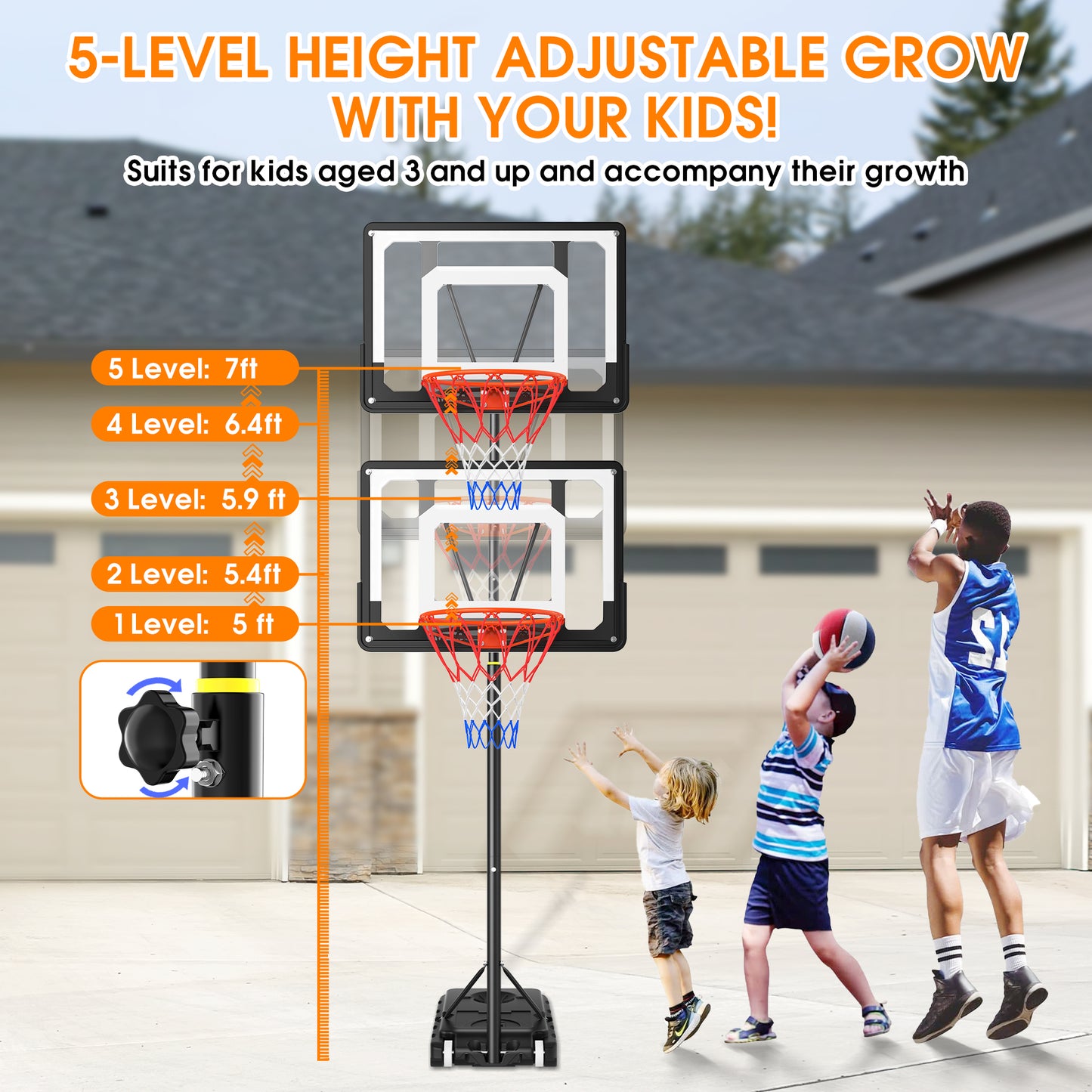 Qunler Basketball Hoop with 5-8ft Adjustable Height for Kids Teenagers Youth Junior, 33'' Portable Basketball Hoop with Stand & Backboard Wheels for Basketball Goals Indoor Outdoor Play