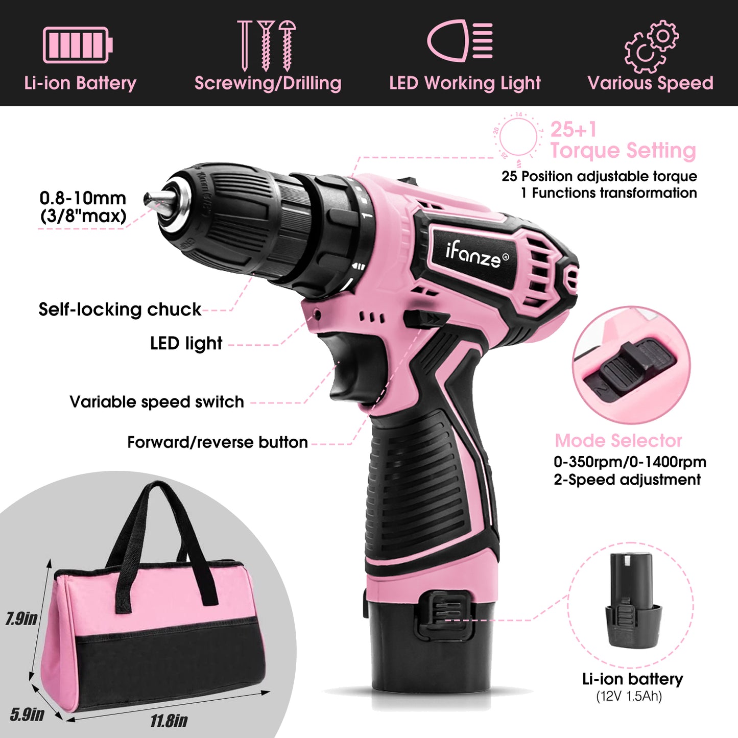 12V Cordless Drill, 2 Variable Speed Electric Power Screw Gun Set with 32 Accessories Multi-function Household Rechargeable Hand Cordless Screwdriver