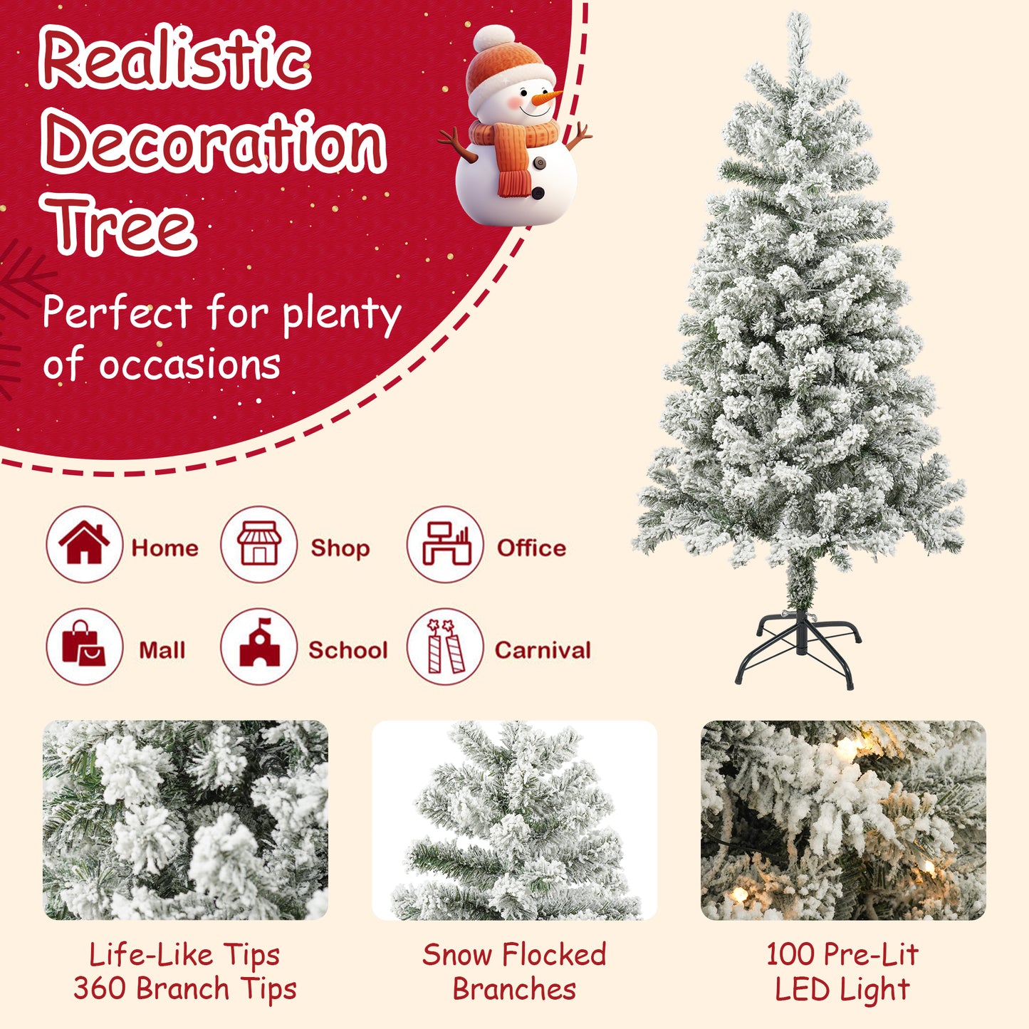 Posrue 4FT Pre-Lit Flocked Christmas Tree with 360 Branch Tips, Snow Artificial Xmas Tree with 100 LED Lights for Holiday, Outdoor, Indoor, Home