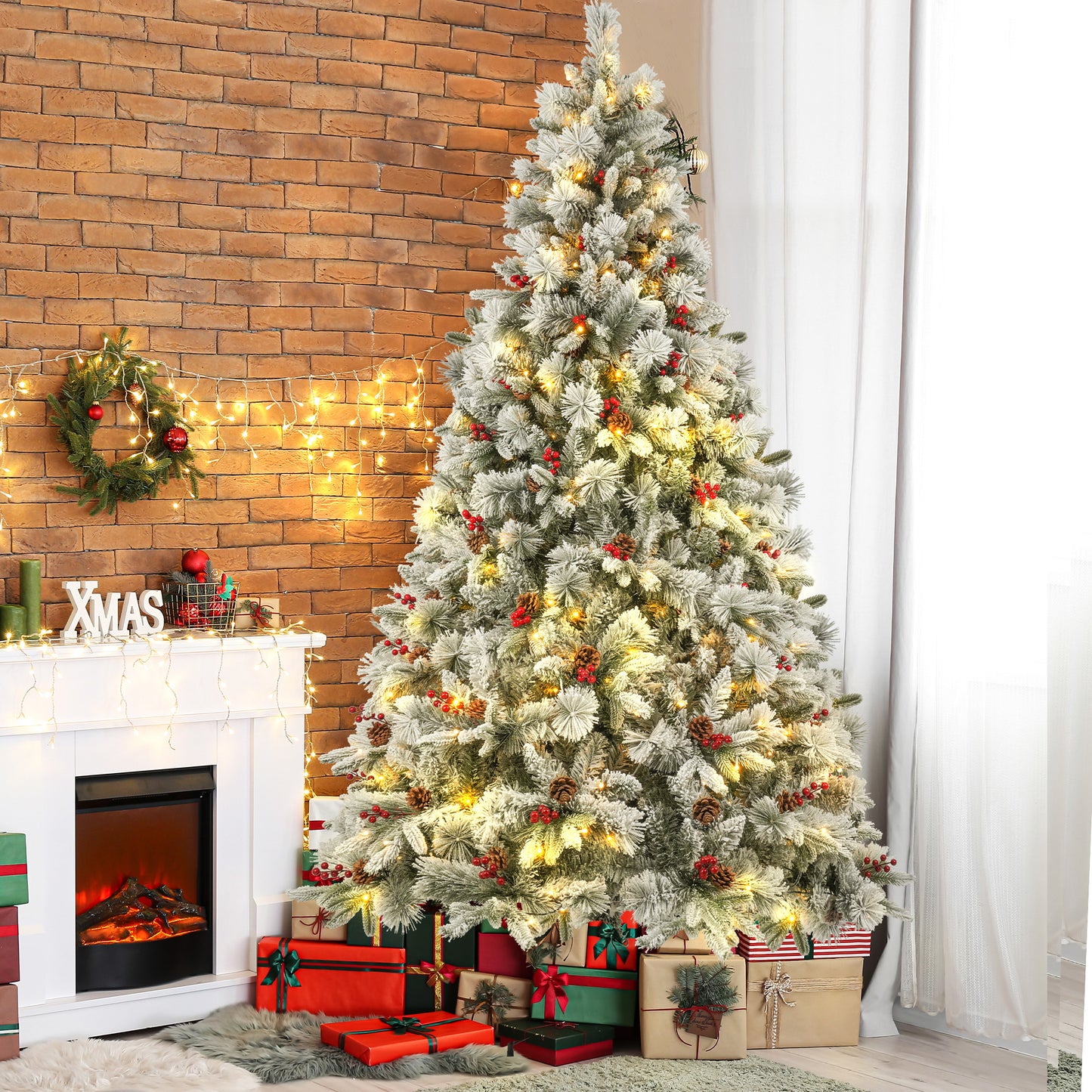 Qunler Pre-Lit Snow Flocked Christmas Tree, 7.5ft Artificial Snowy Pine Tree with 8 LED Light Modes & Sturdy Metal Base, Ideal for Home Office Party Xmas Holiday Decorations